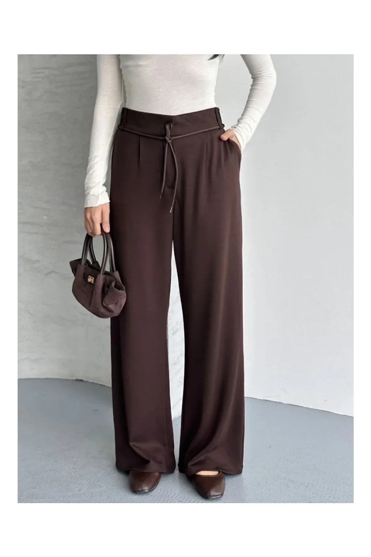 Kadın Acı Kahve Yüksek Bel Bağlamalı Bol Paça Dökümlü Yumuşak Modal Kumaş Pantolon