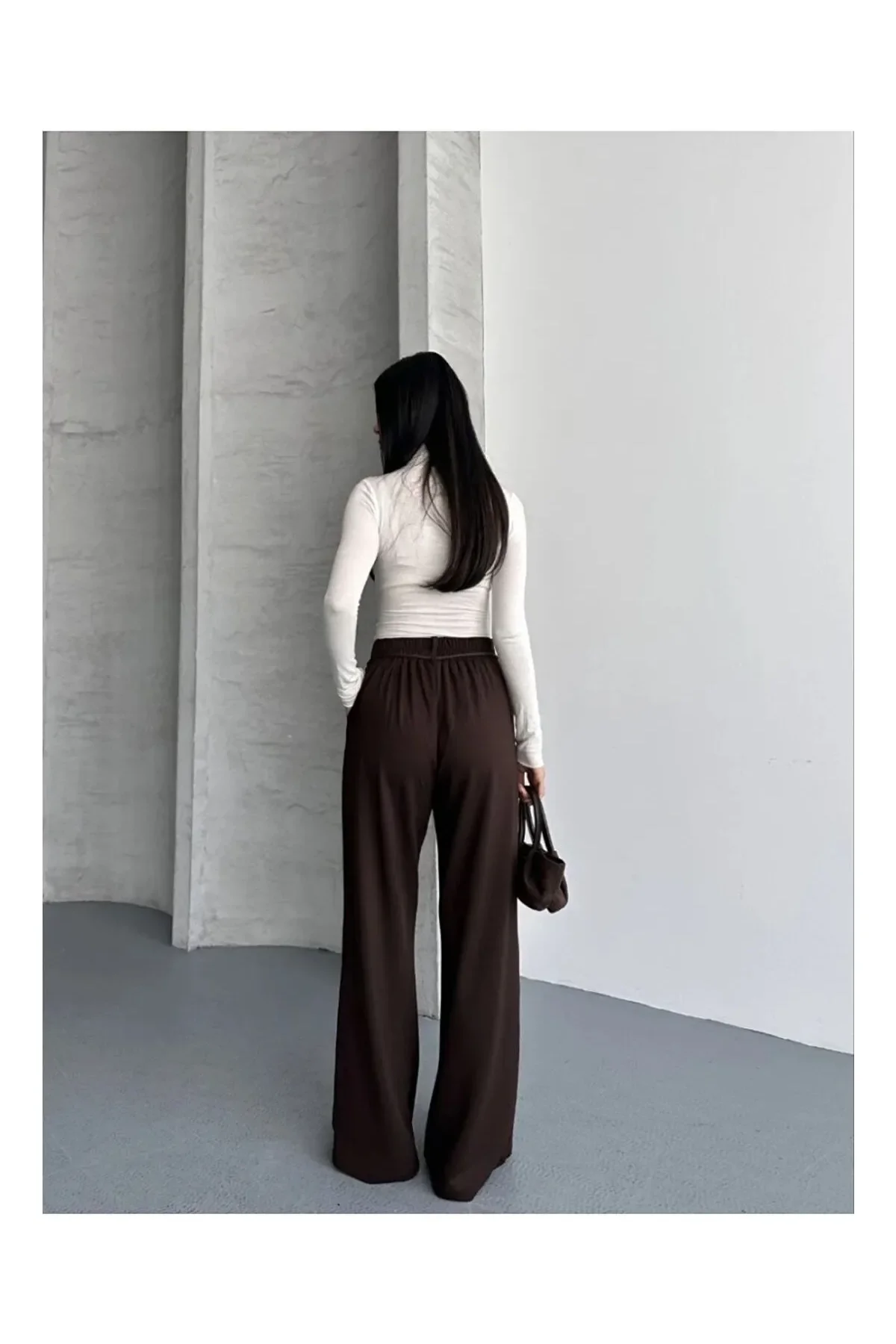 Kadın Acı Kahve Yüksek Bel Bağlamalı Bol Paça Dökümlü Yumuşak Modal Kumaş Pantolon