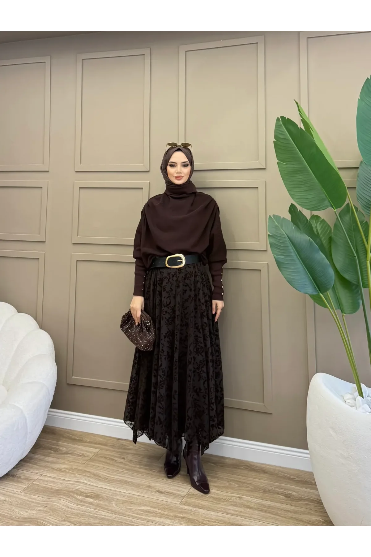 Kadın Acı Kahve Flok Baskılı Çiçek Desenli Tül Astarlı Mevsimlik Uzun Etek