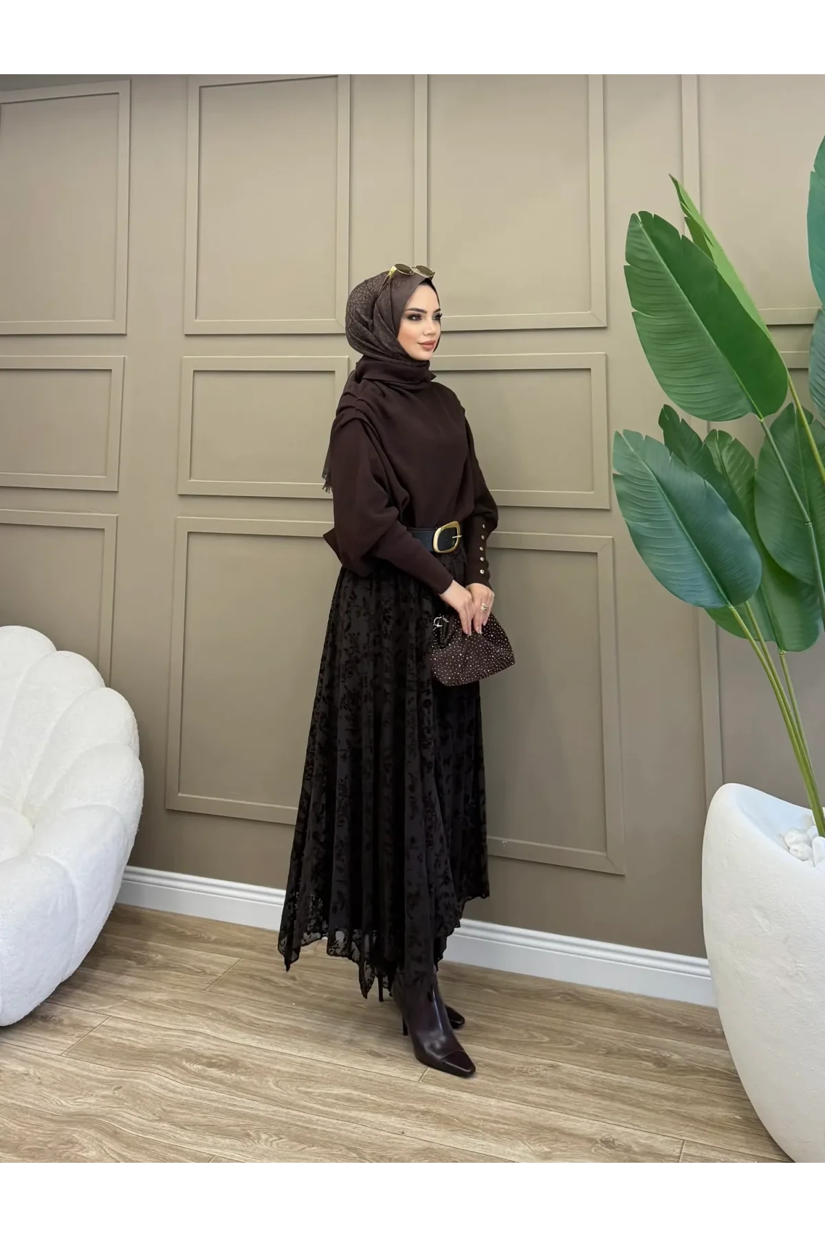 Kadın Acı Kahve Flok Baskılı Çiçek Desenli Tül Astarlı Mevsimlik Uzun Etek