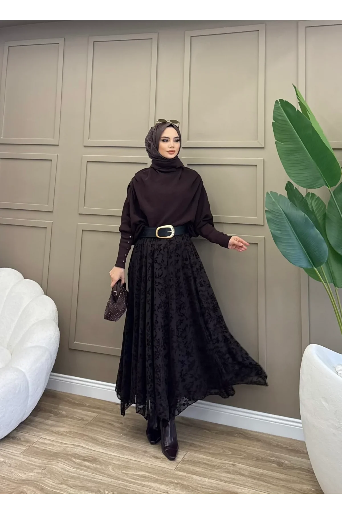 Kadın Acı Kahve Flok Baskılı Çiçek Desenli Tül Astarlı Mevsimlik Uzun Etek