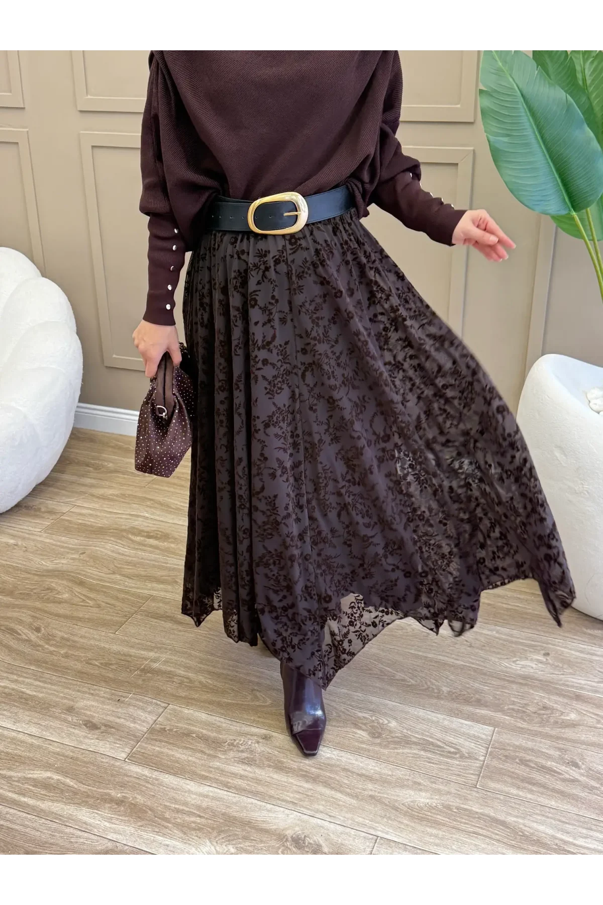 Kadın Acı Kahve Flok Baskılı Çiçek Desenli Tül Astarlı Mevsimlik Uzun Etek