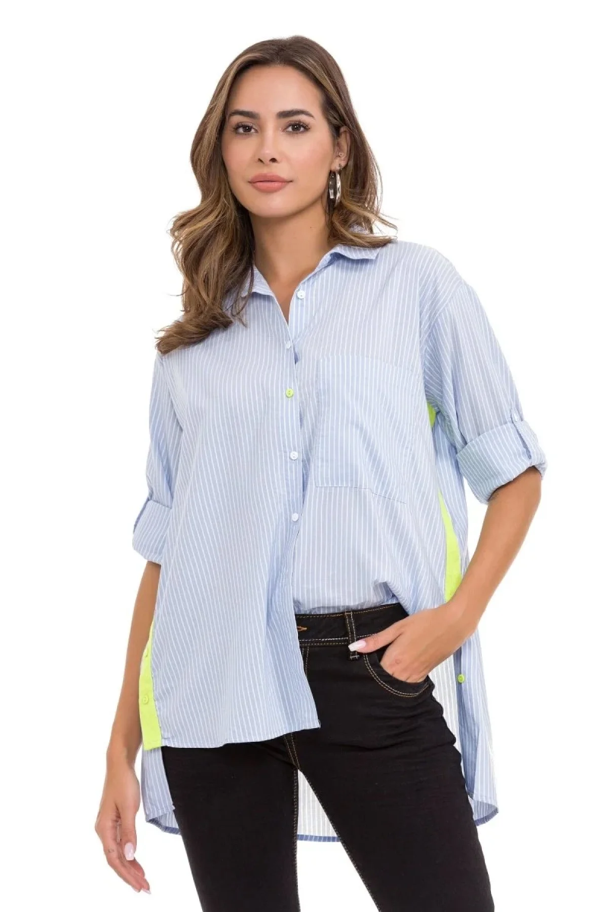 Kadın Mavi Çizgili Neon Detaylı Katlanabilir Kollu Oversize Keten Gömlek