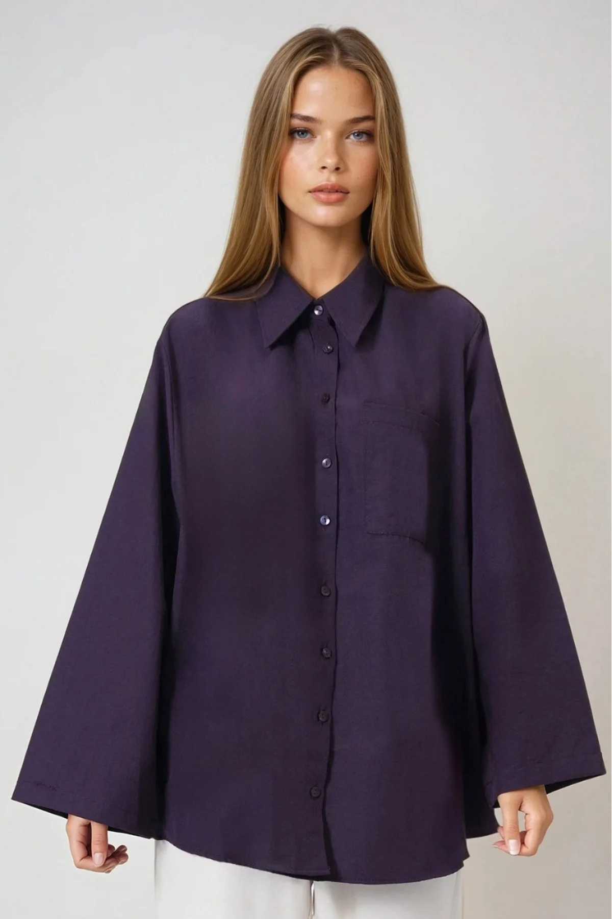 Kadın Bordo Oversize Geniş Kollu Tek Cepli Uzun Keten Gömlek