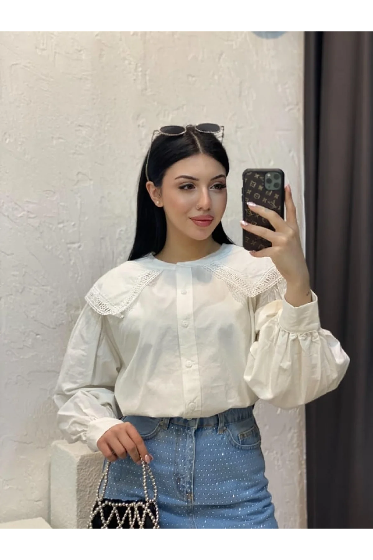 Kadın Beyaz Geniş Dantel Yakalı Balon Kol Düğmeli Oversize Keten Pinterest Gömlek