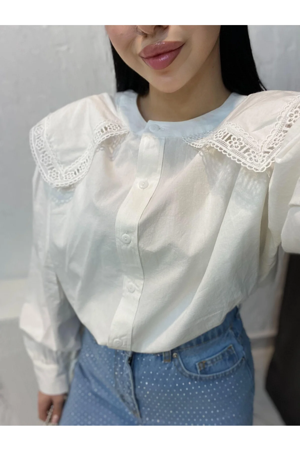 Kadın Beyaz Geniş Dantel Yakalı Balon Kol Düğmeli Oversize Keten Pinterest Gömlek
