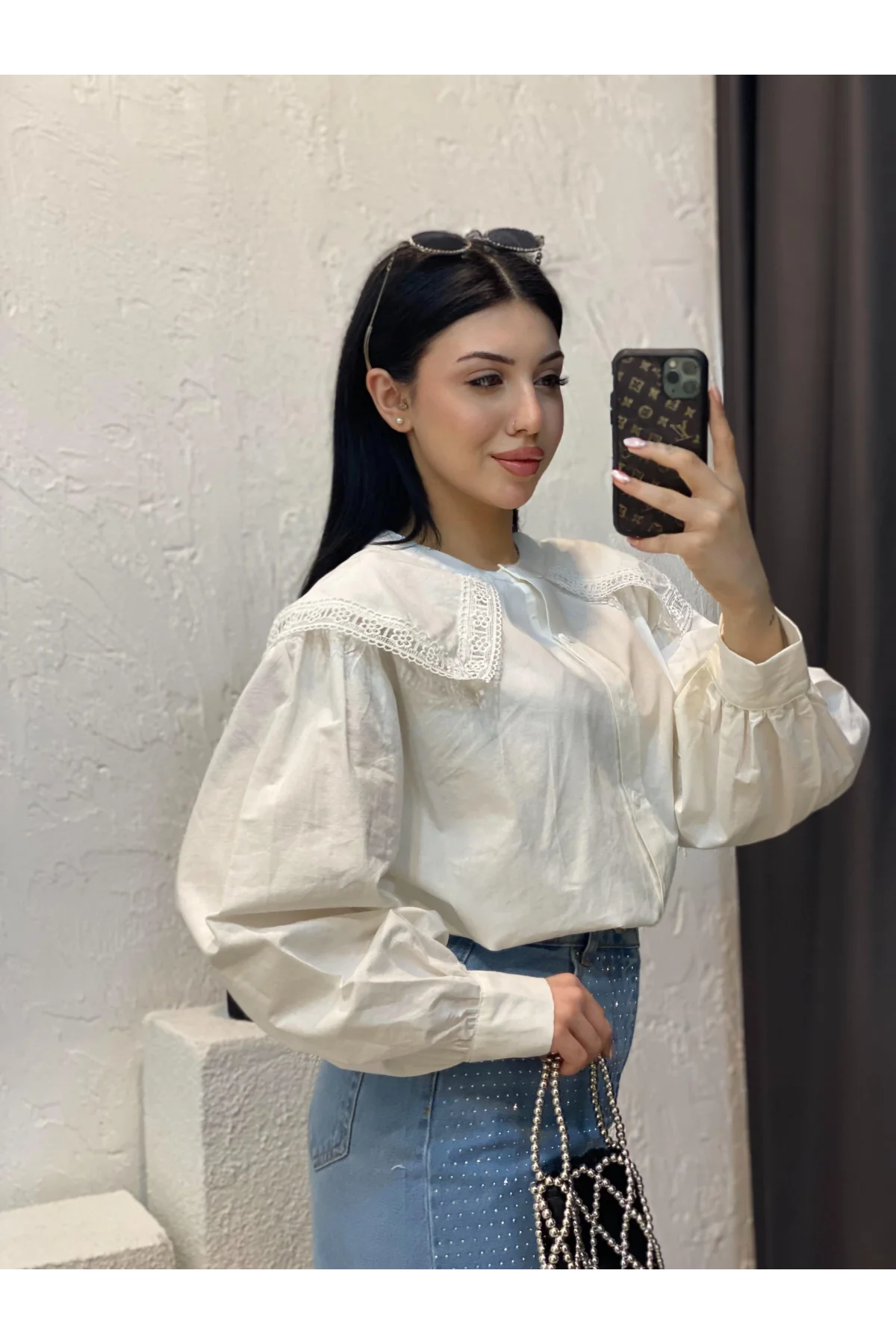 Kadın Beyaz Geniş Dantel Yakalı Balon Kol Düğmeli Oversize Keten Pinterest Gömlek