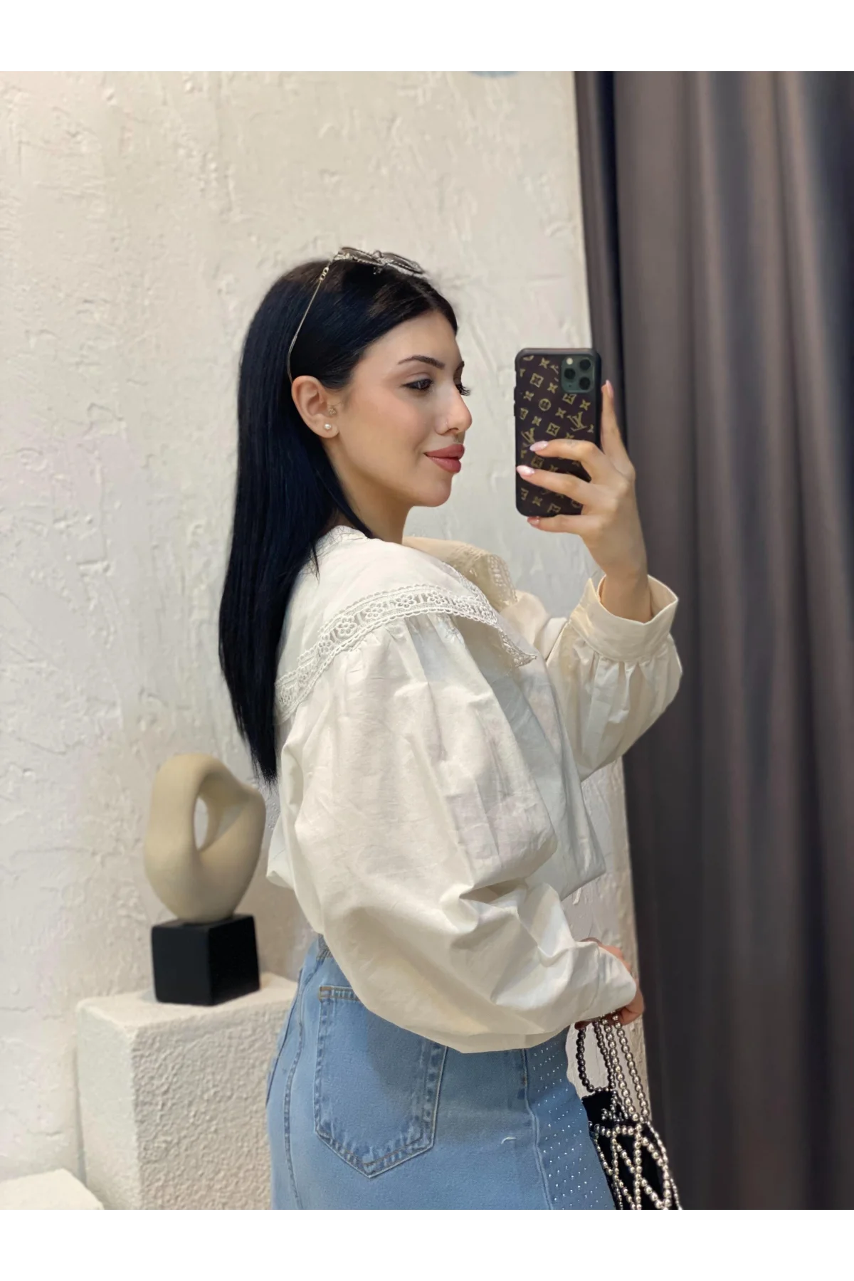 Kadın Beyaz Geniş Dantel Yakalı Balon Kol Düğmeli Oversize Keten Pinterest Gömlek