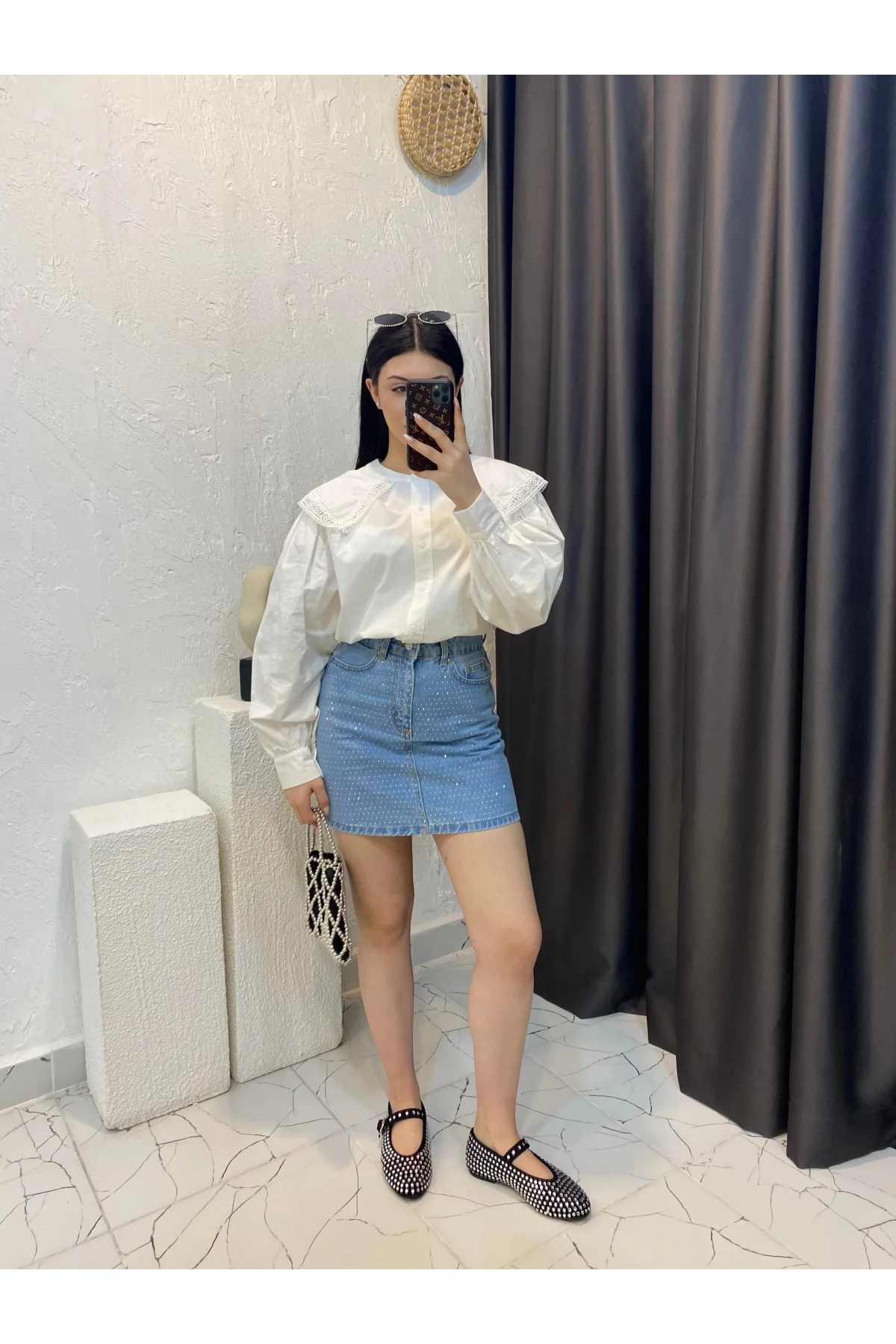 Kadın Beyaz Geniş Dantel Yakalı Balon Kol Düğmeli Oversize Keten Pinterest Gömlek