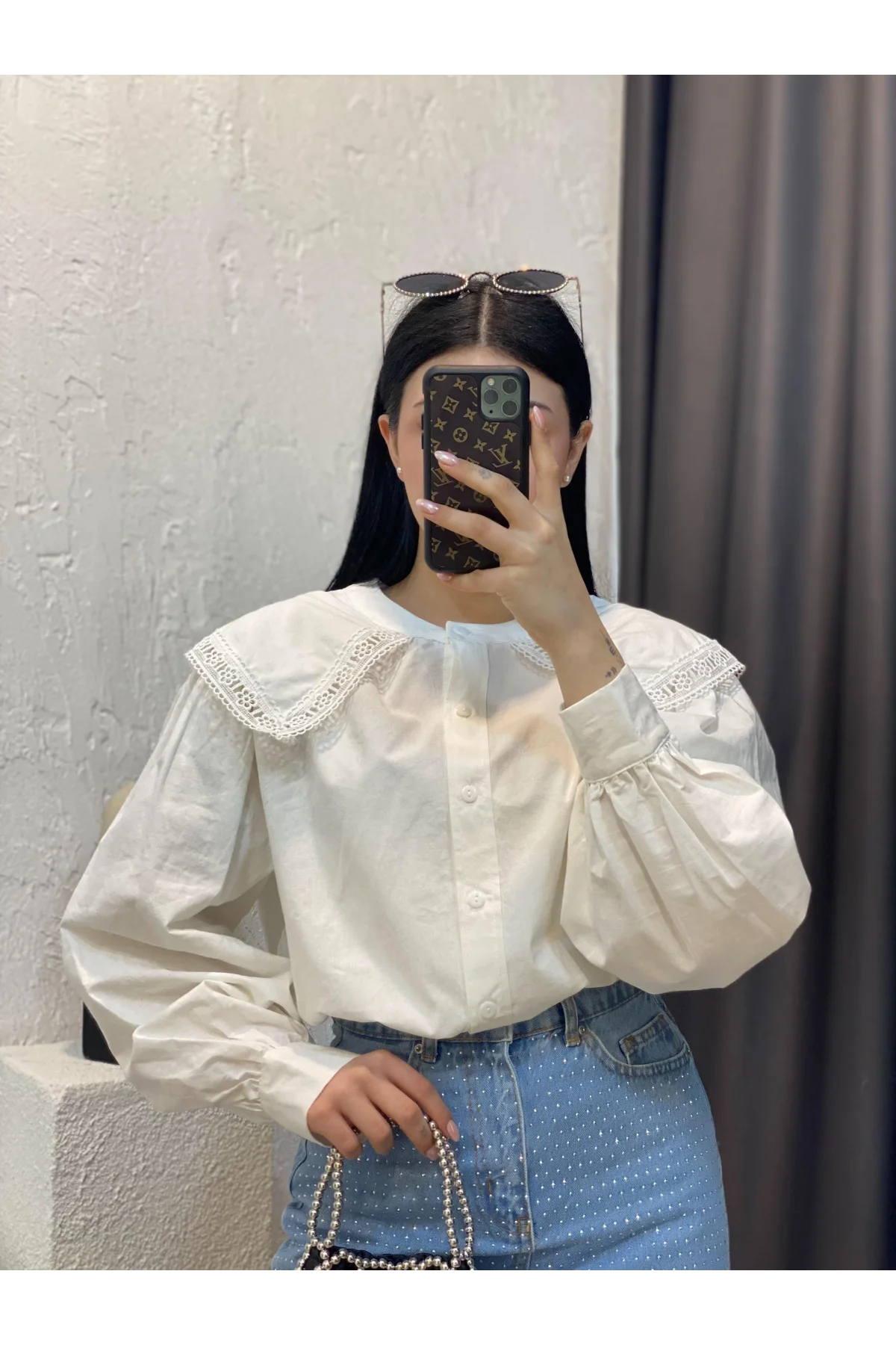 Kadın Beyaz Geniş Dantel Yakalı Balon Kol Düğmeli Oversize Keten Pinterest Gömlek