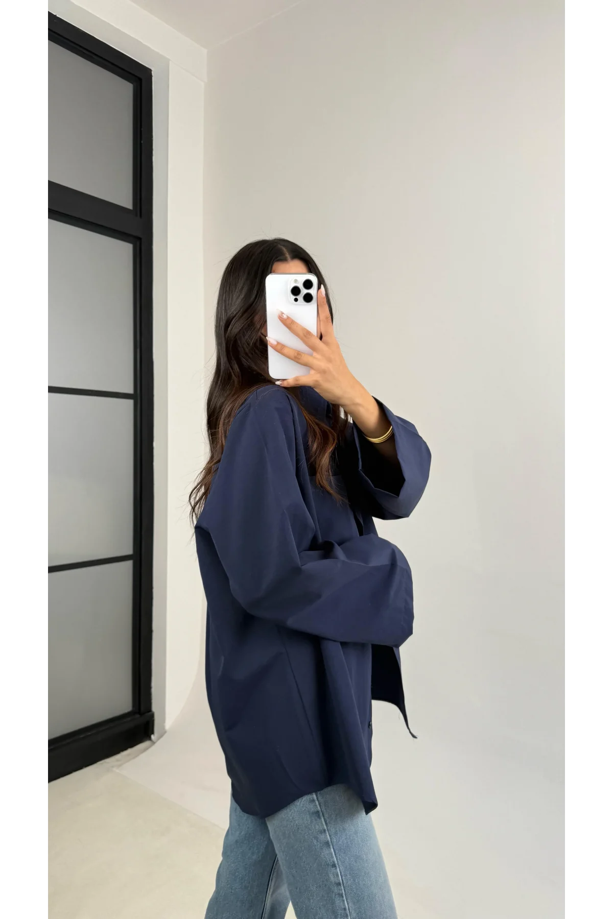 Kadın Lacivert Oversize Geniş Kollu Tek Cepli Uzun Keten Gömlek