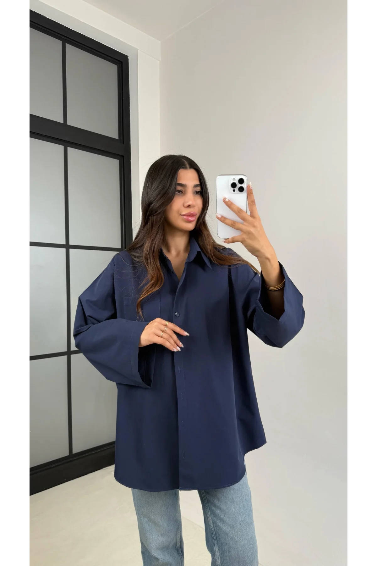 Kadın Lacivert Oversize Geniş Kollu Tek Cepli Uzun Keten Gömlek
