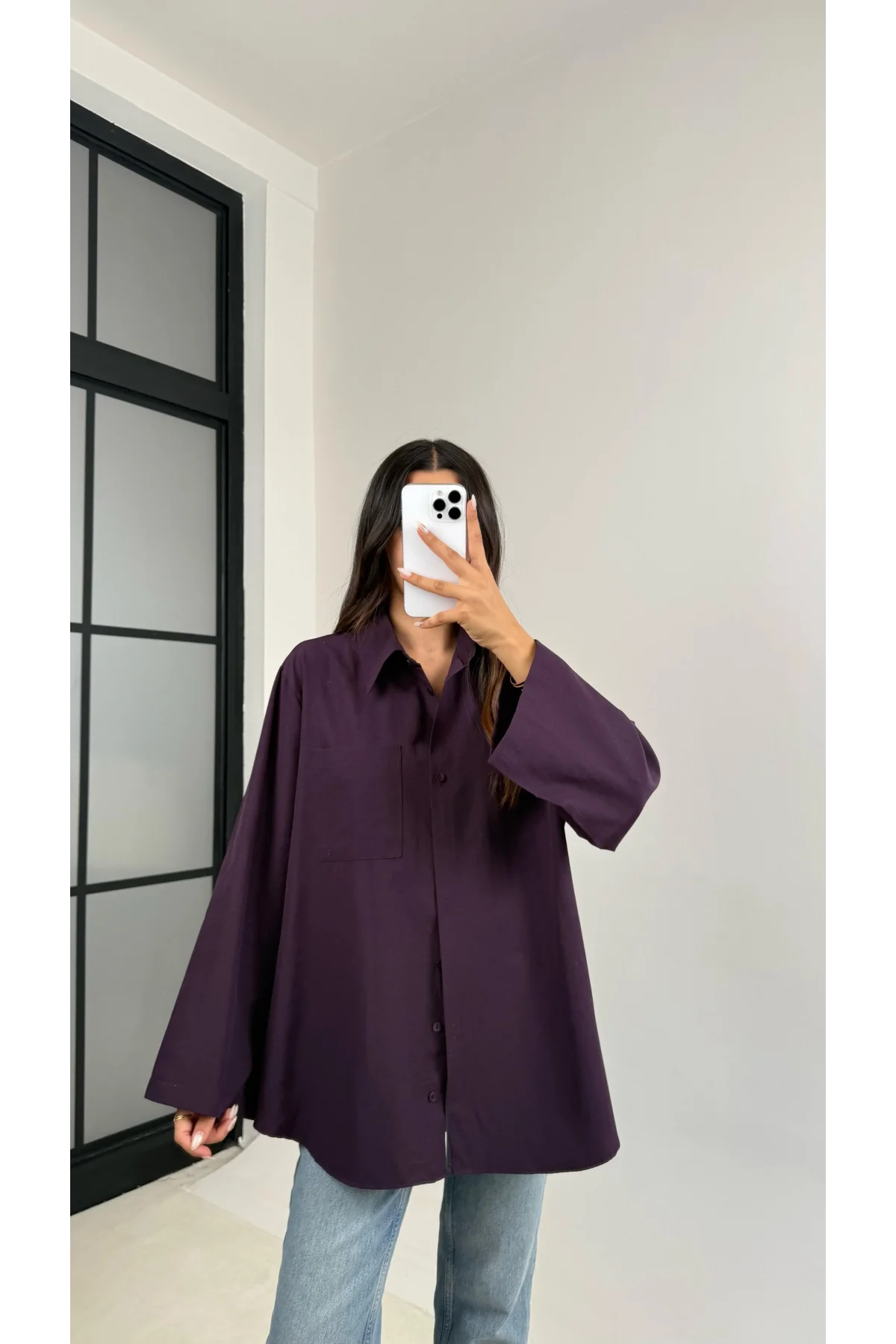 Kadın Mor Oversize Geniş Kollu Tek Cepli Uzun Keten Gömlek