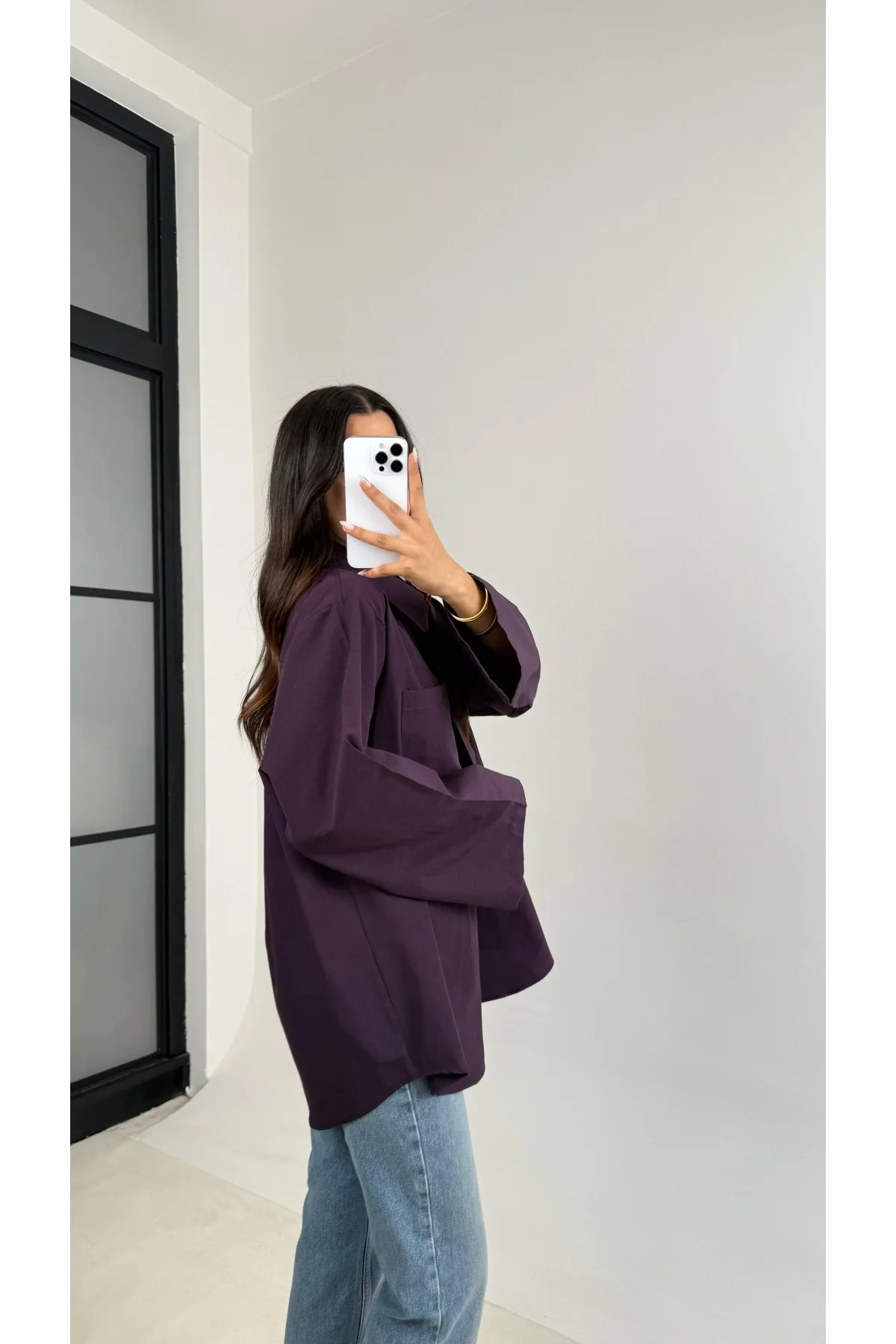 Kadın Mor Oversize Geniş Kollu Tek Cepli Uzun Keten Gömlek