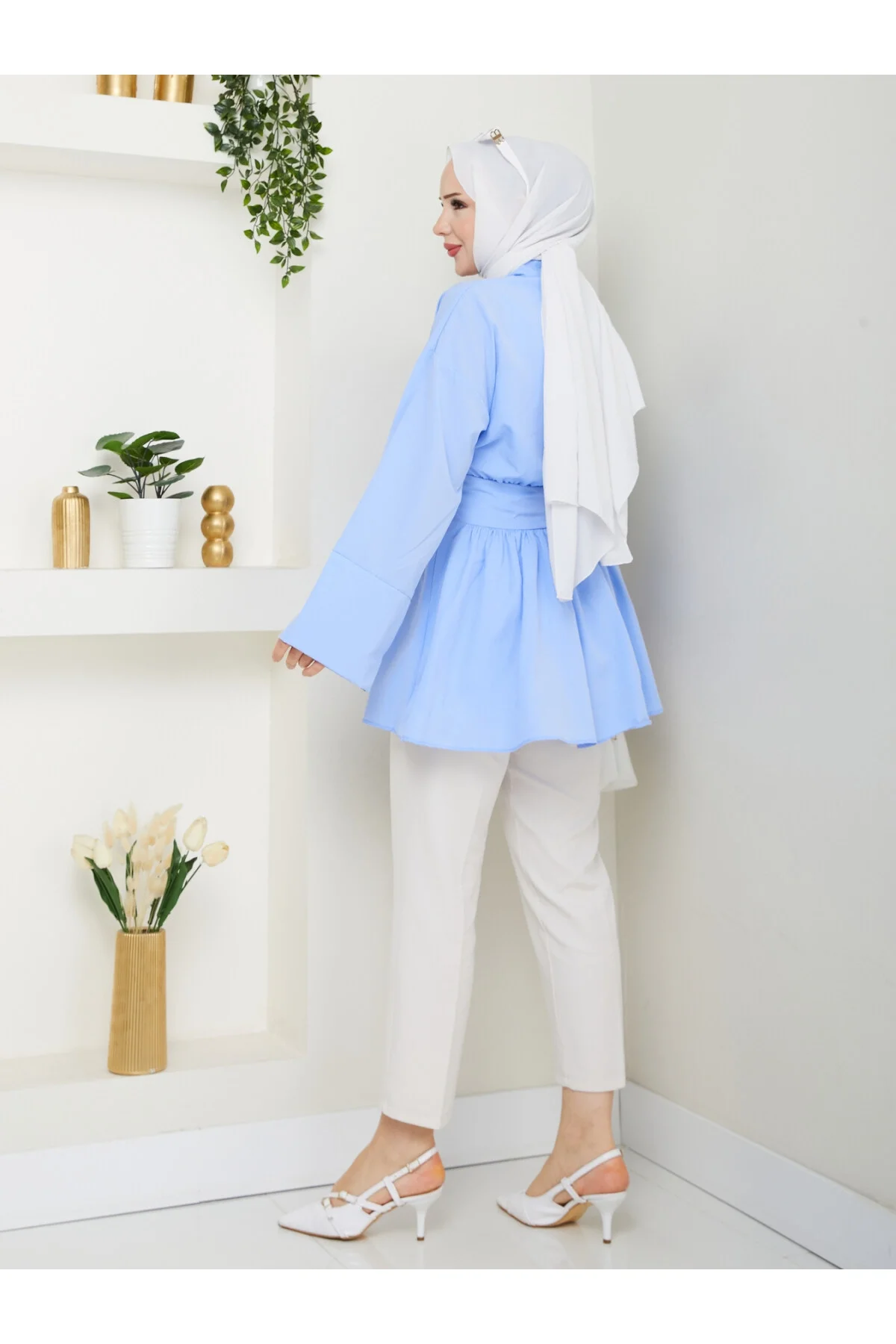 Kadın Buz Mavisi Belden Kuşaklı Geniş Kollu Keten Tunik Gömlek