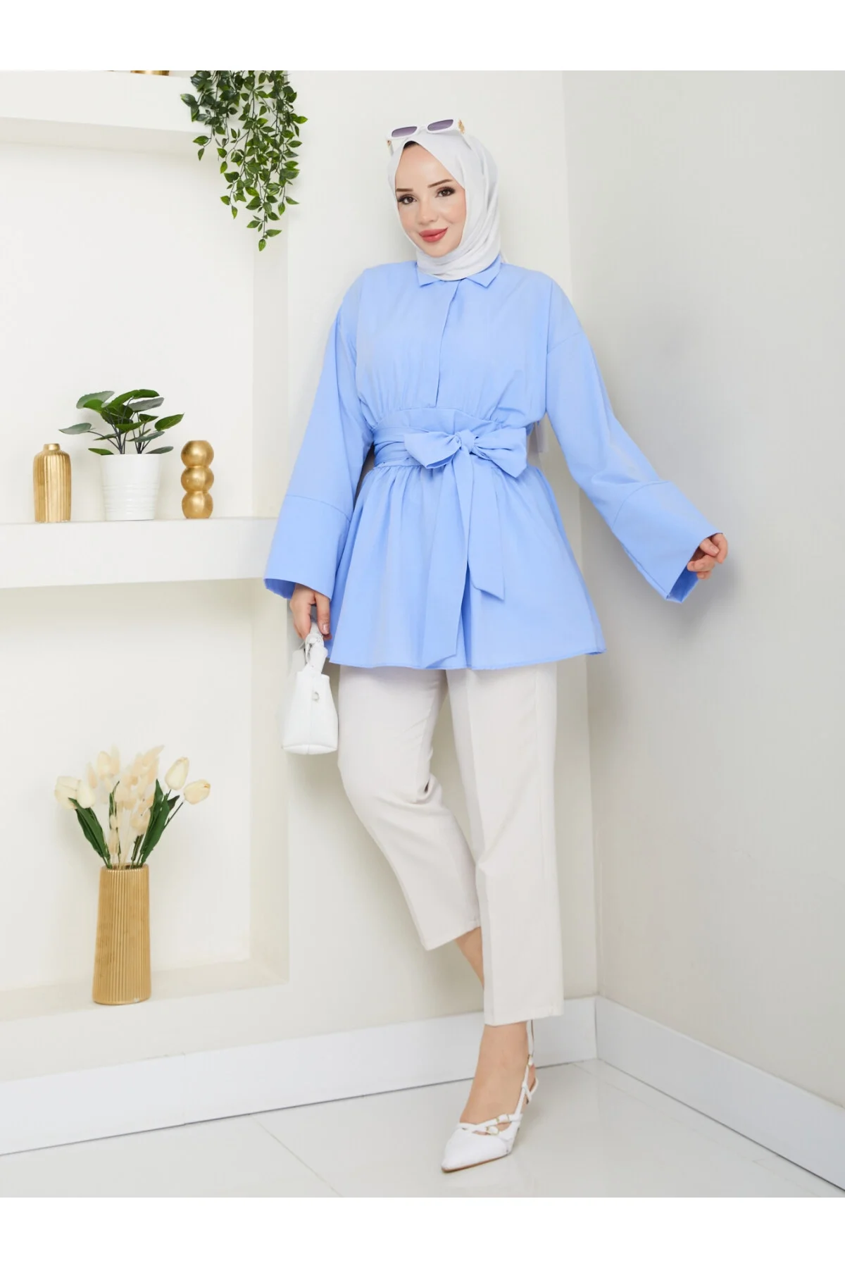 Kadın Buz Mavisi Belden Kuşaklı Geniş Kollu Keten Tunik Gömlek