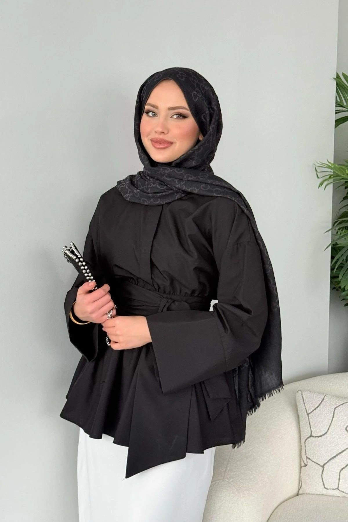 Kadın Siyah Oversize Geniş Kollu Tek Cepli Uzun Keten Gömlek Tunik