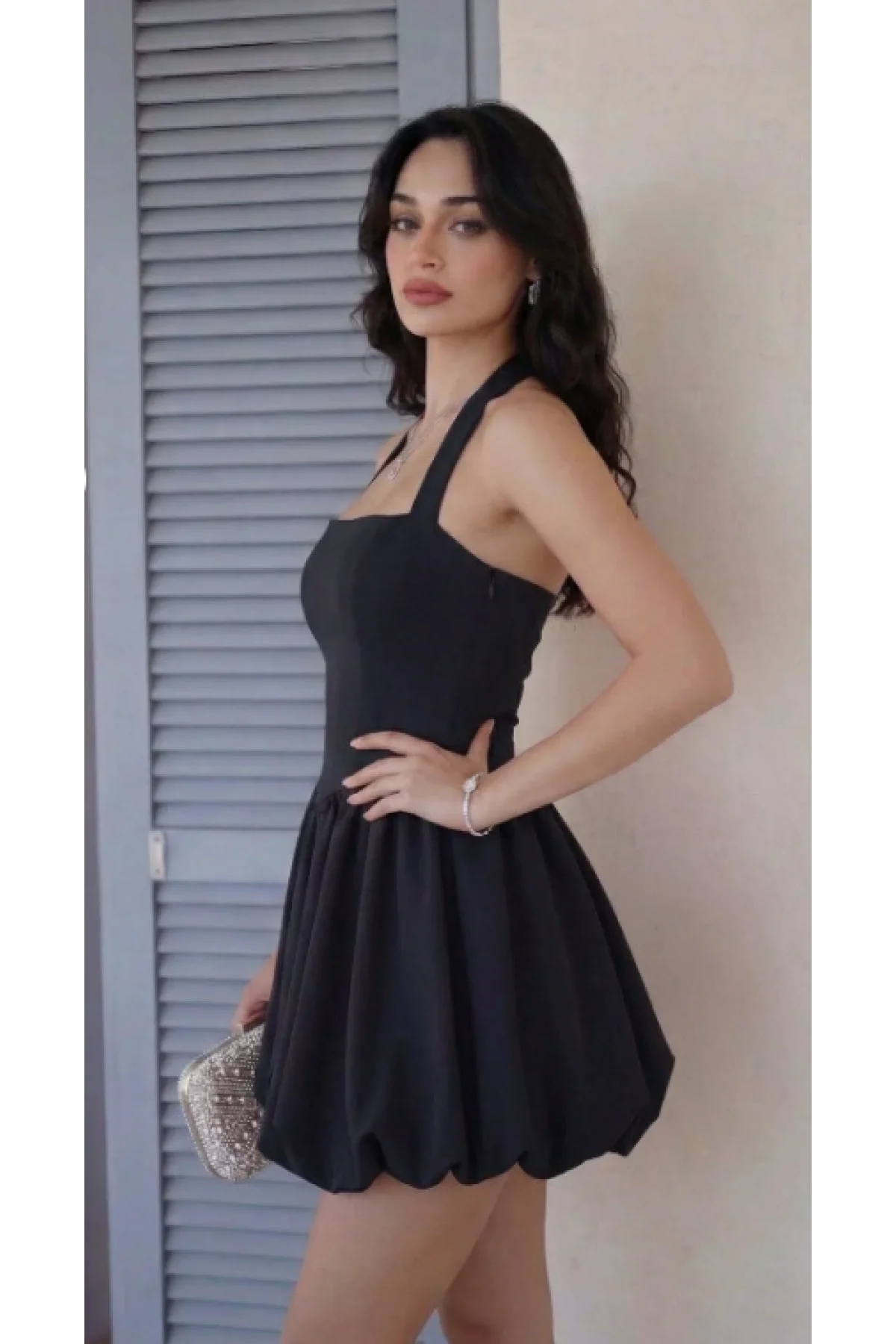 Kadın Siyah Boyundan Bağlamalı Halter Yaka Dabıl Kumaş Balon Mini Elbise