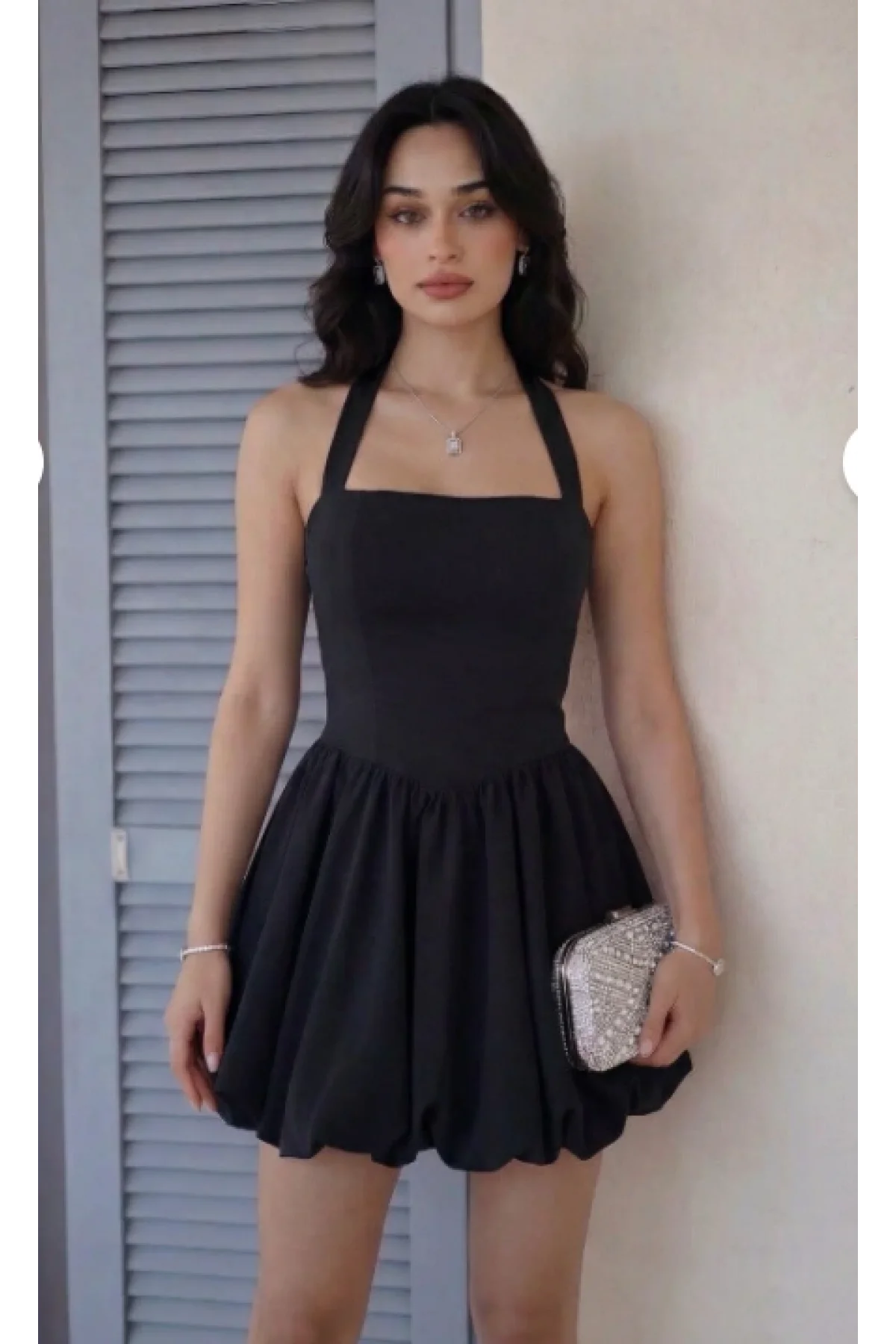 Kadın Siyah Boyundan Bağlamalı Halter Yaka Dabıl Kumaş Balon Mini Elbise