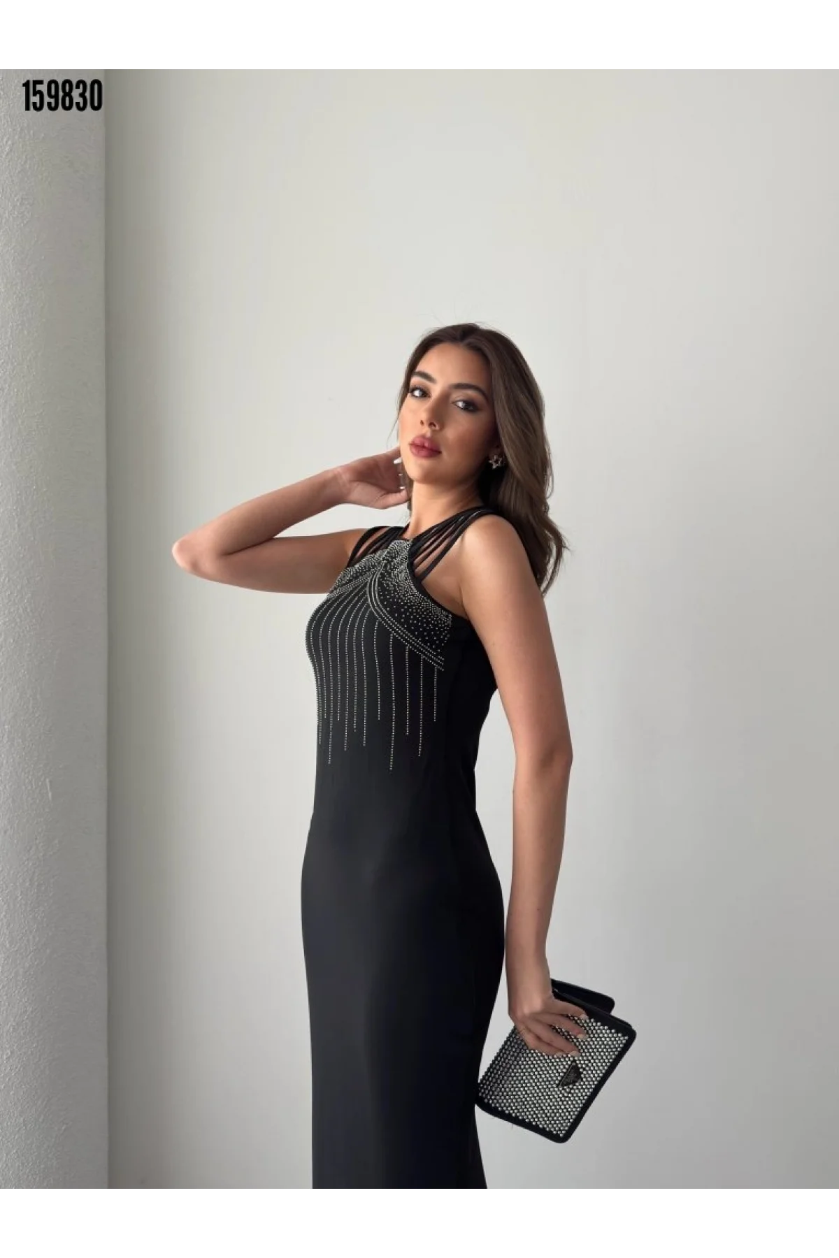 Kadın Siyah Taş İşlemeli Çoklu Askılı Yırtmaçlı Scuba Uzun Abiye Elbise