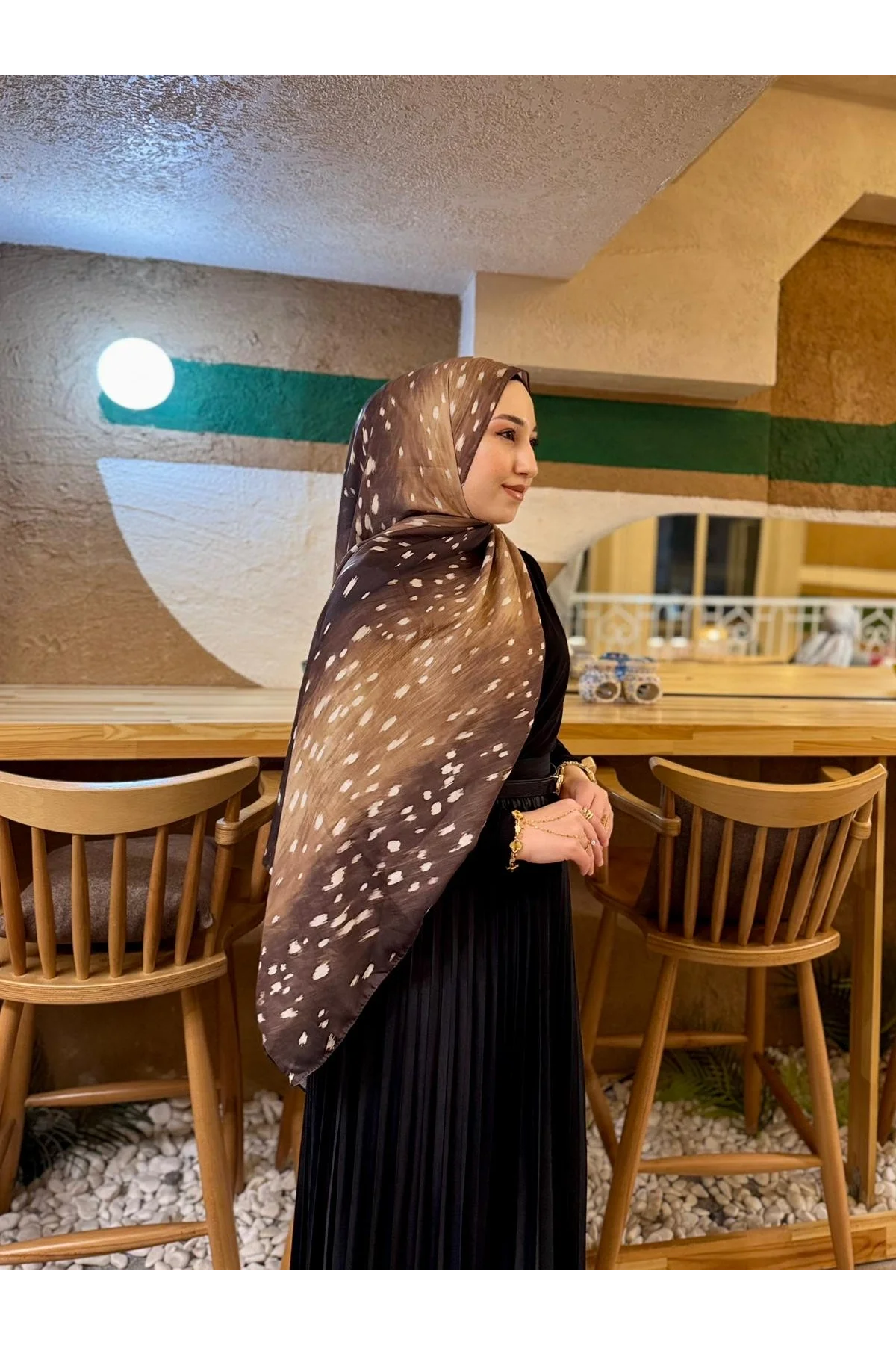 Kadın Kahve Ceylan Desenli Pamuklu Soft Dokulu Mevsimlik Tesettür Şal