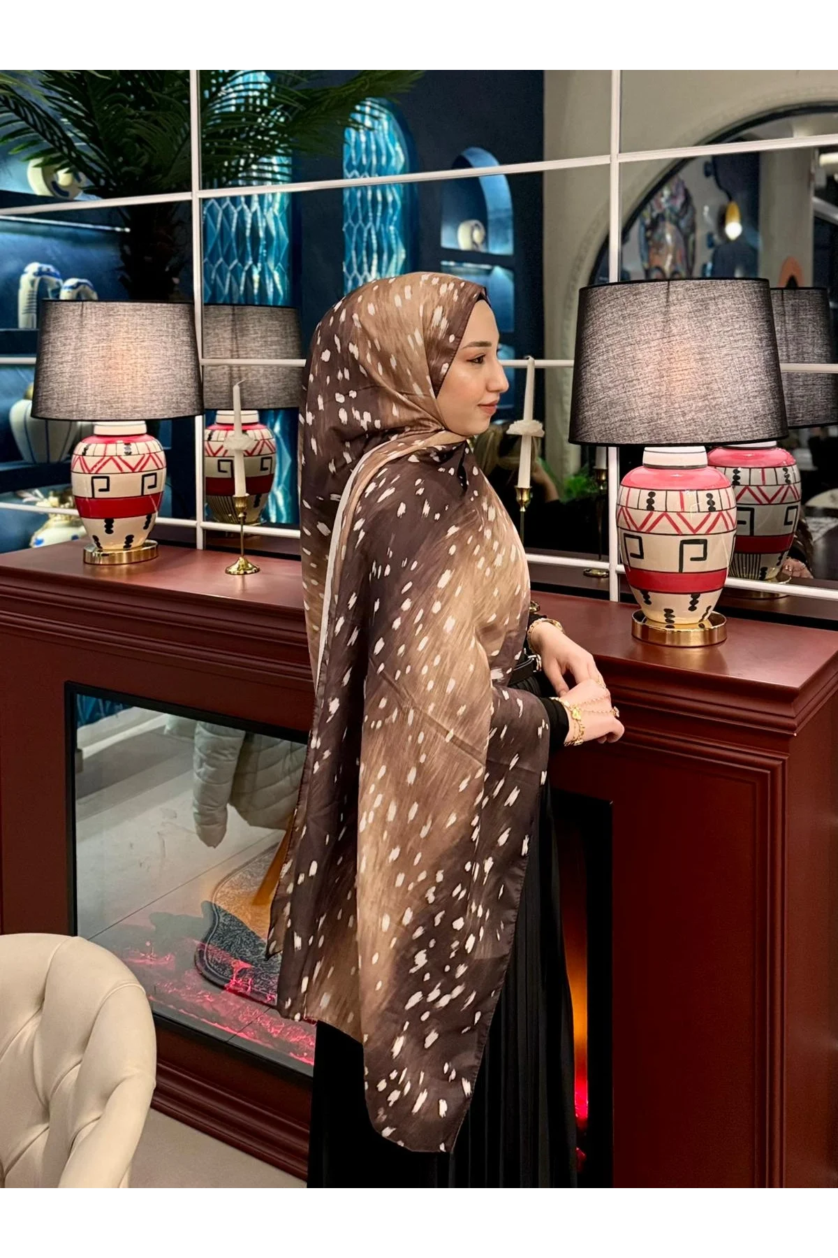 Kadın Kahve Ceylan Desenli Pamuklu Soft Dokulu Mevsimlik Tesettür Şal