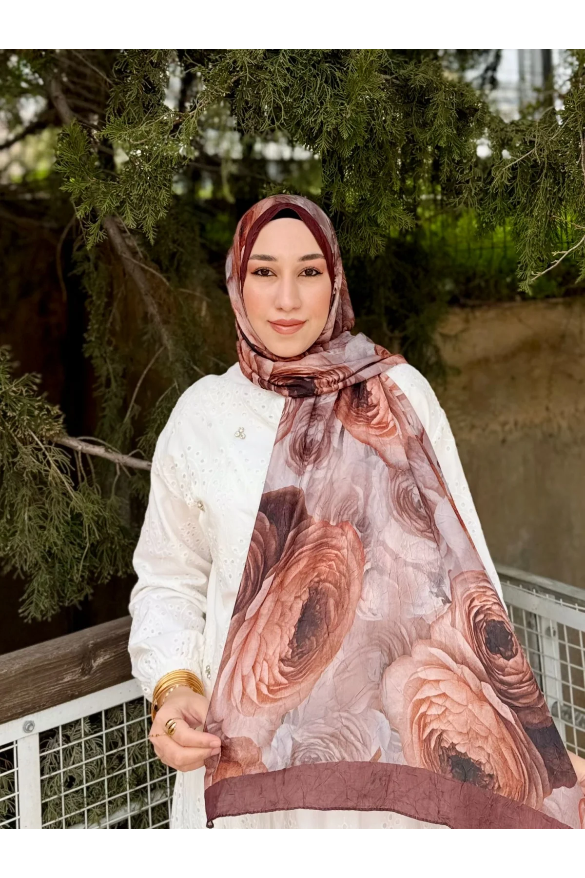 Kadın Acı Kahve Çiçek Desenli Terletmeyen Yumuşak Doğal Bambu Şal