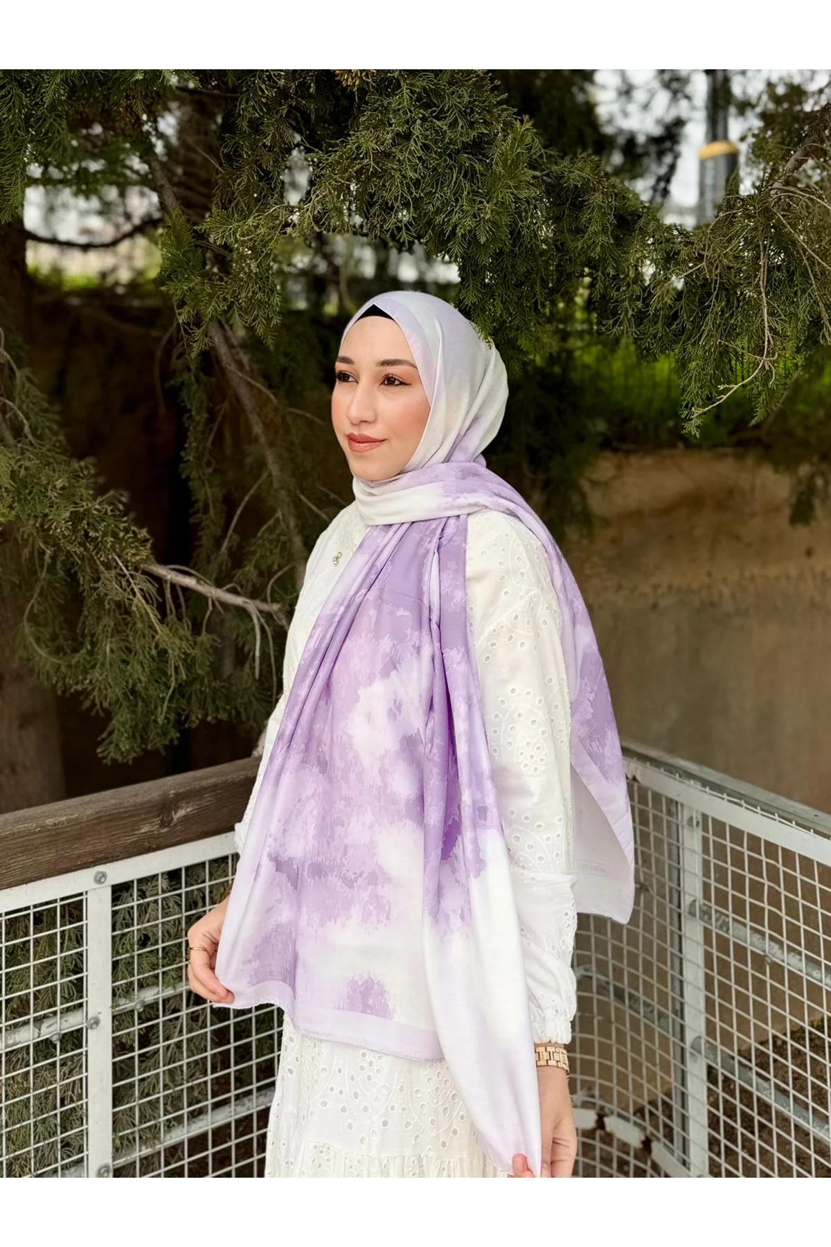 Kadın Lila Ebruli Desenli Terletmeyen Pamuklu Soft Şal