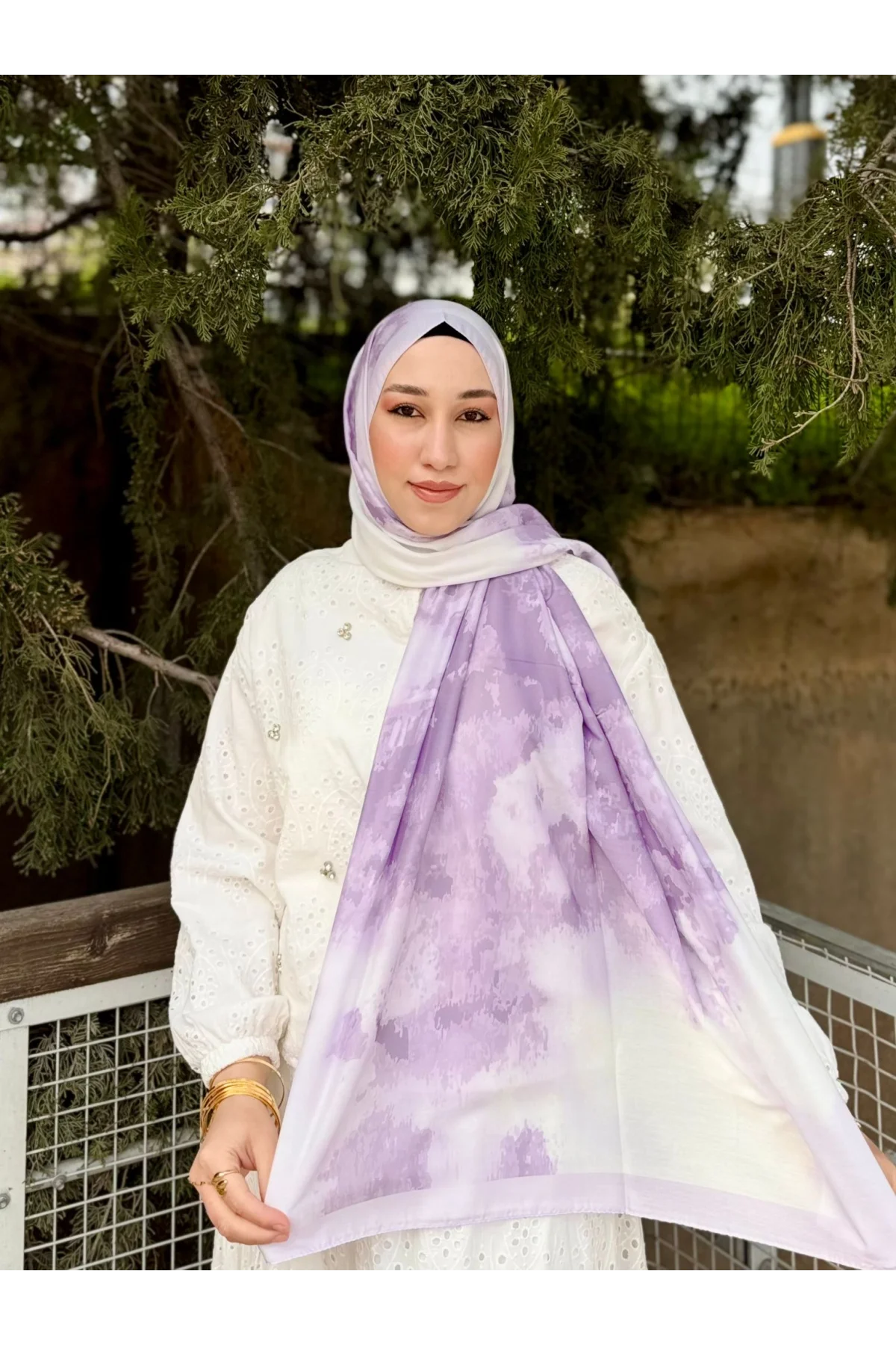 Kadın Lila Ebruli Desenli Terletmeyen Pamuklu Soft Şal