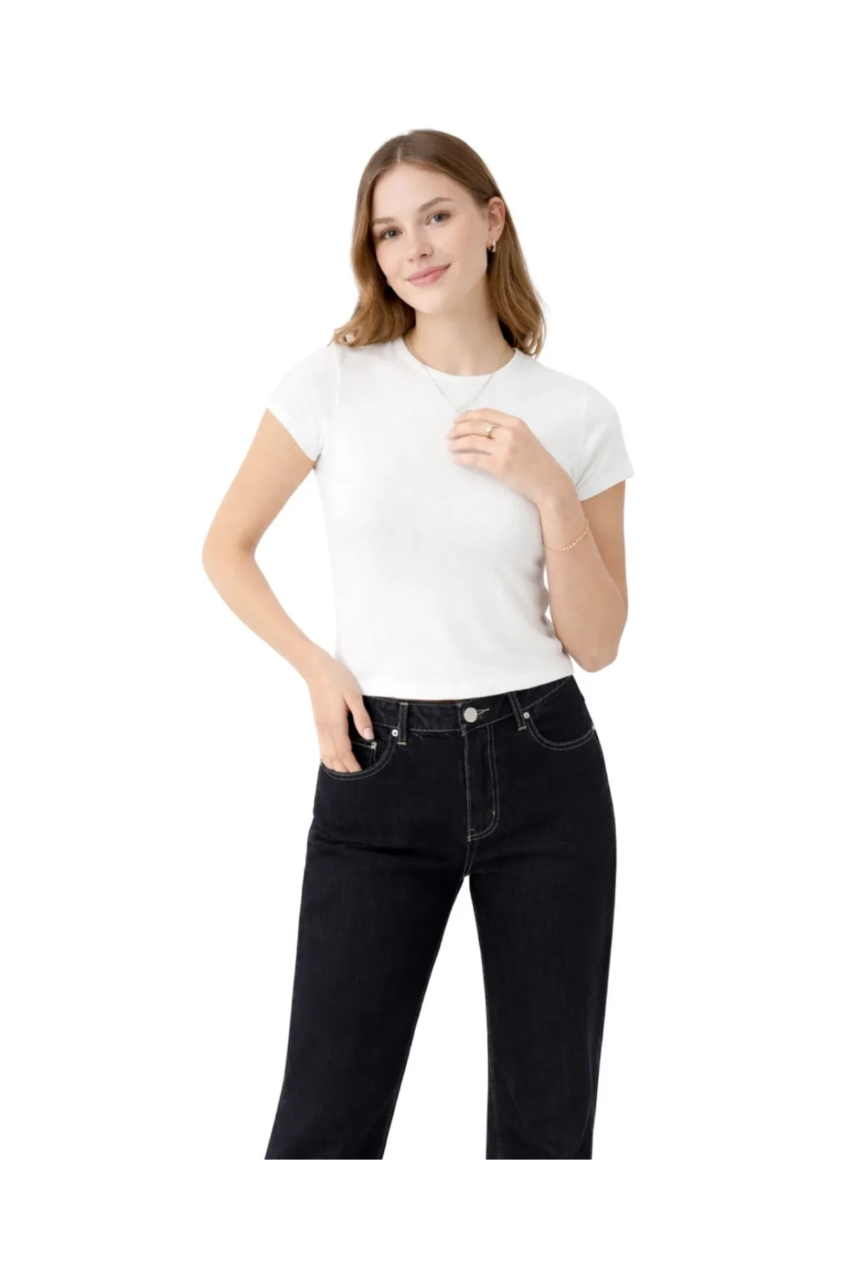 Kadın Beyaz Pamuklu Ribana Kumaş Kısa Kollu Bisiklet Yaka Basic Body Tişört