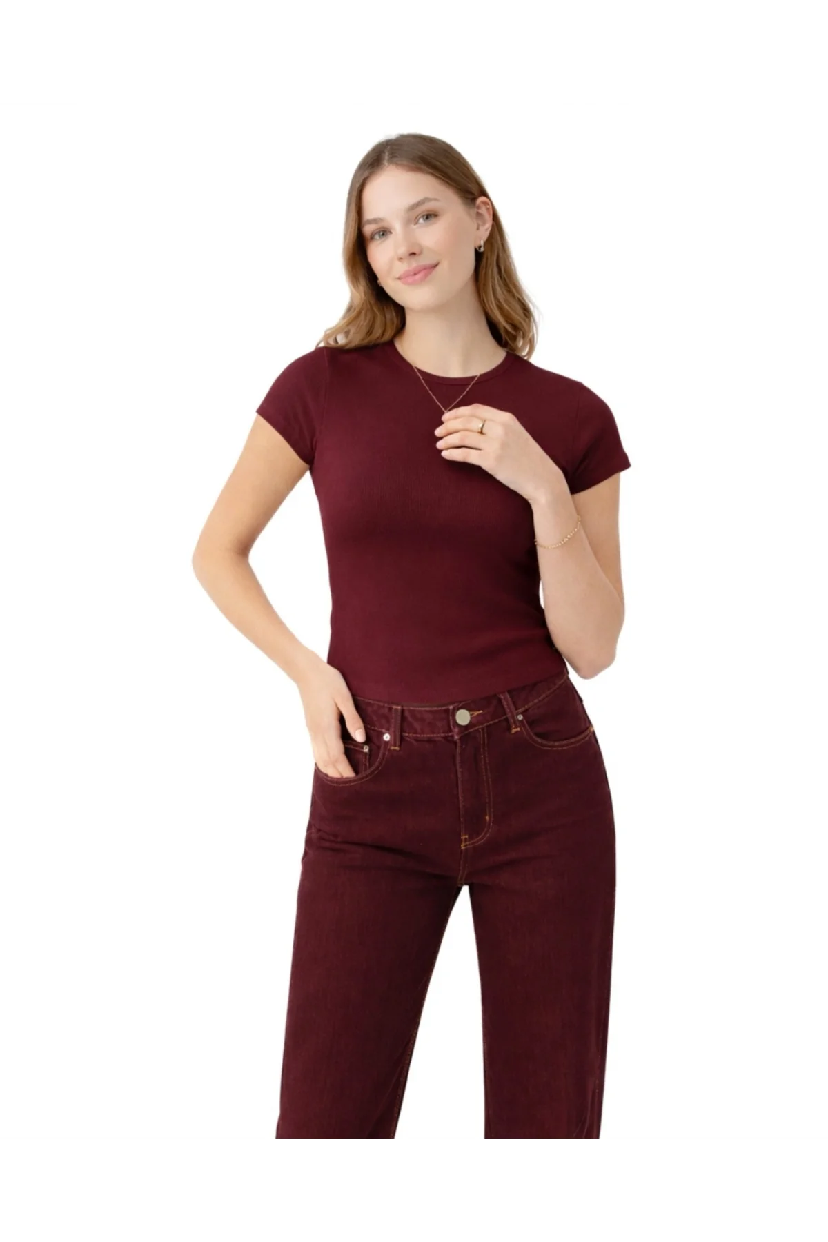 Kadın Bordo Pamuklu Ribana Kumaş Kısa Kollu Bisiklet Yaka Basic Body Tişört