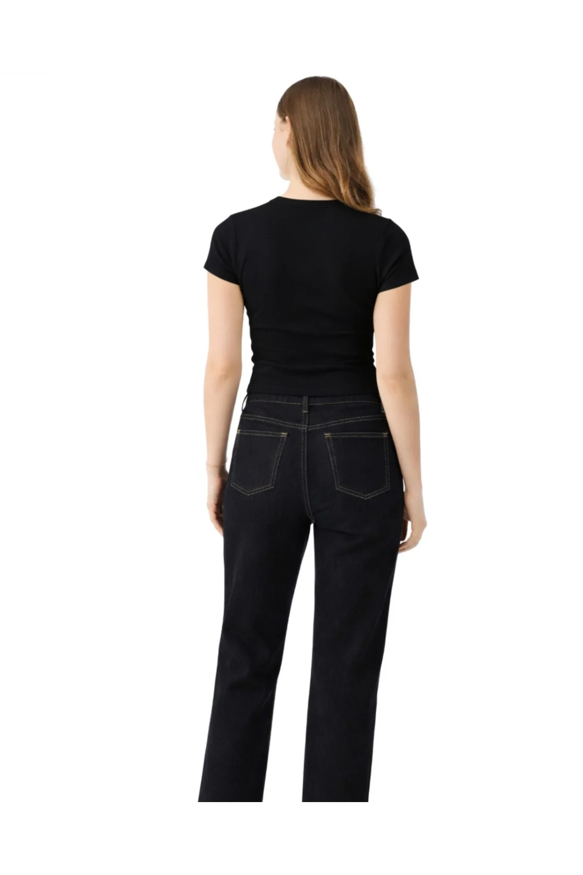 Kadın Siyah Pamuklu Ribana Kumaş Kısa Kollu Bisiklet Yaka Basic Body Tişört