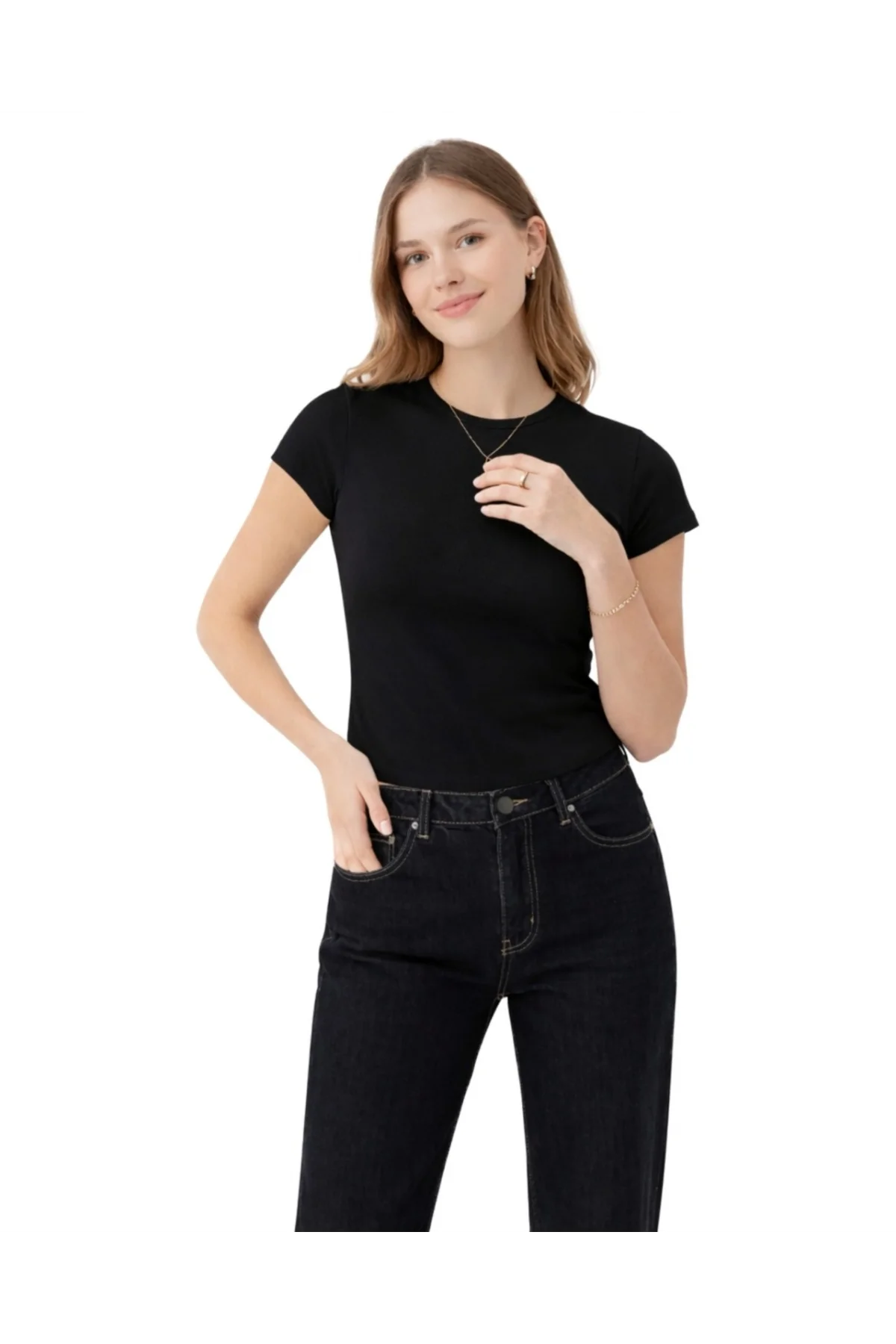 Kadın Siyah Pamuklu Ribana Kumaş Kısa Kollu Bisiklet Yaka Basic Body Tişört