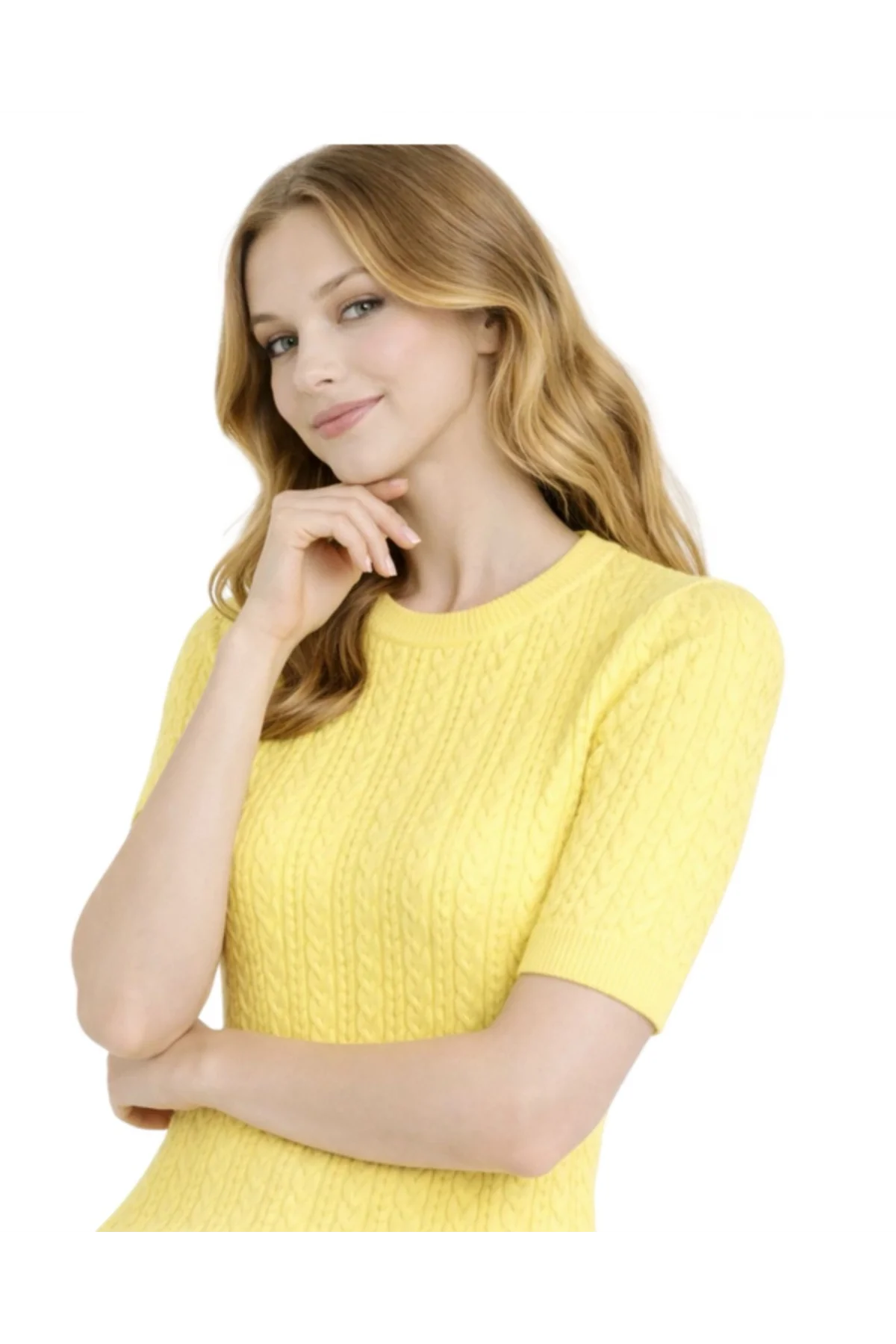 Kadın Sarı Bisiklet Yaka Saç Örgü Desenli Kısa Kollu Triko Bluz