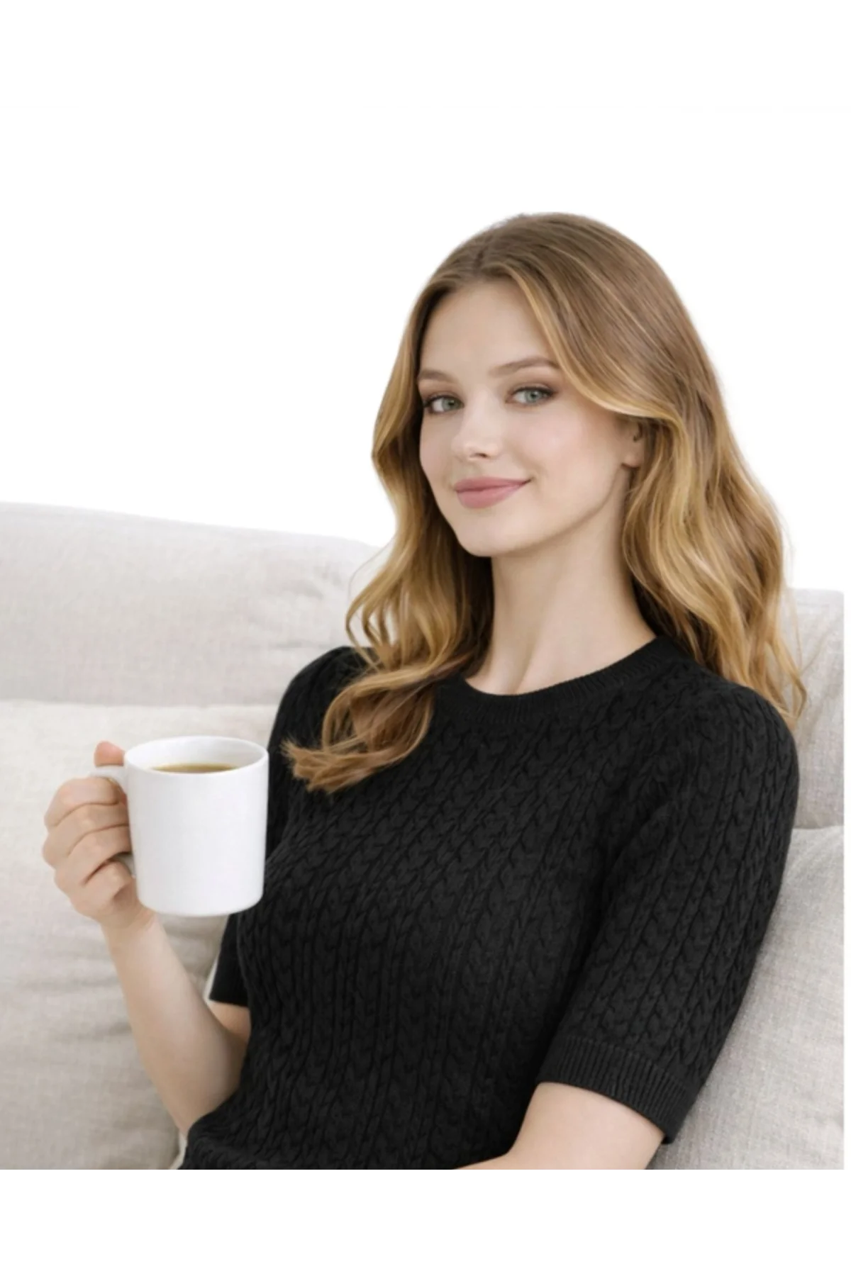 Kadın Siyah Bisiklet Yaka Saç Örgü Desenli Kısa Kollu Triko Bluz