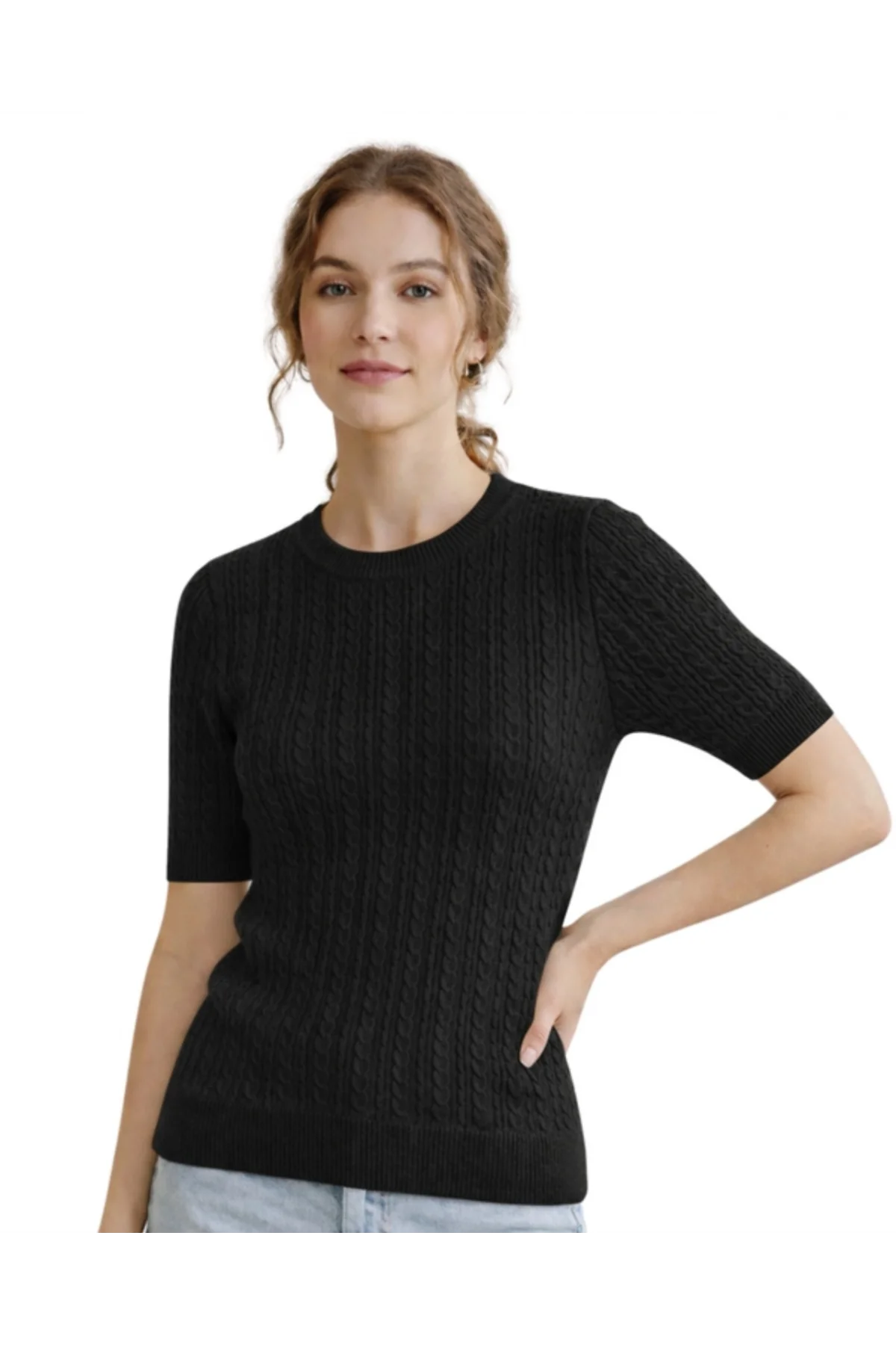 Kadın Siyah Bisiklet Yaka Saç Örgü Desenli Kısa Kollu Triko Bluz