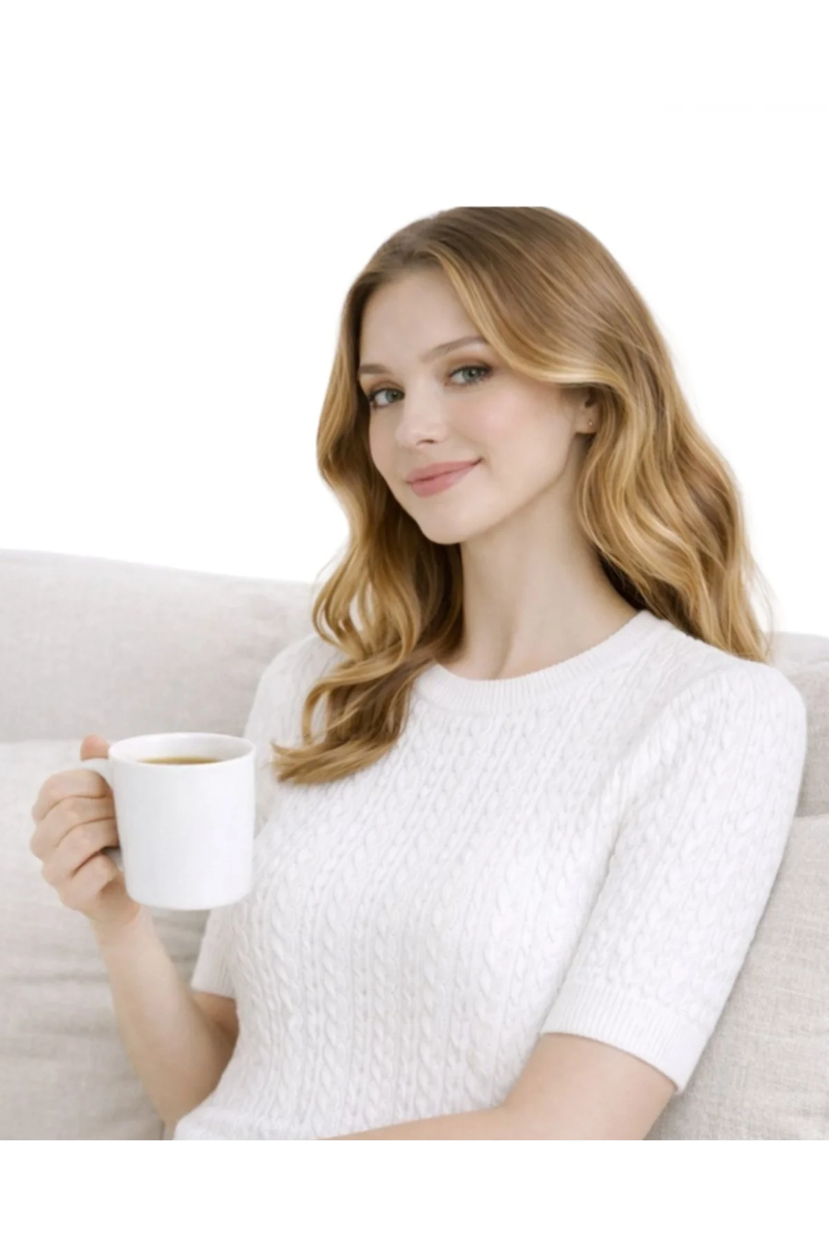 Kadın Beyaz Bisiklet Yaka Saç Örgü Desenli Kısa Kollu Triko Bluz