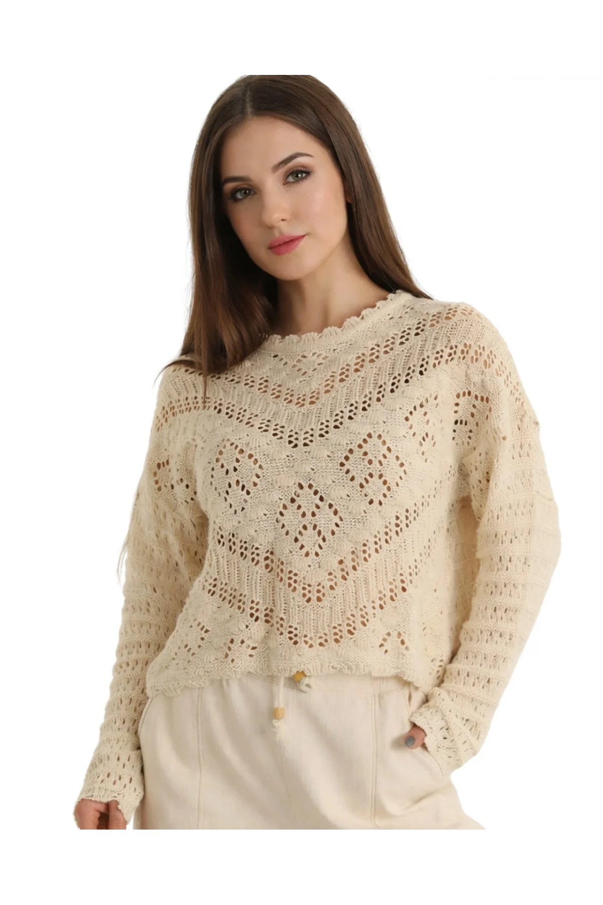 Kadın Bej Ajurlu Kroşe Örgü Bisiklet Yaka Uzun Kollu Bohem Bluz Kazak