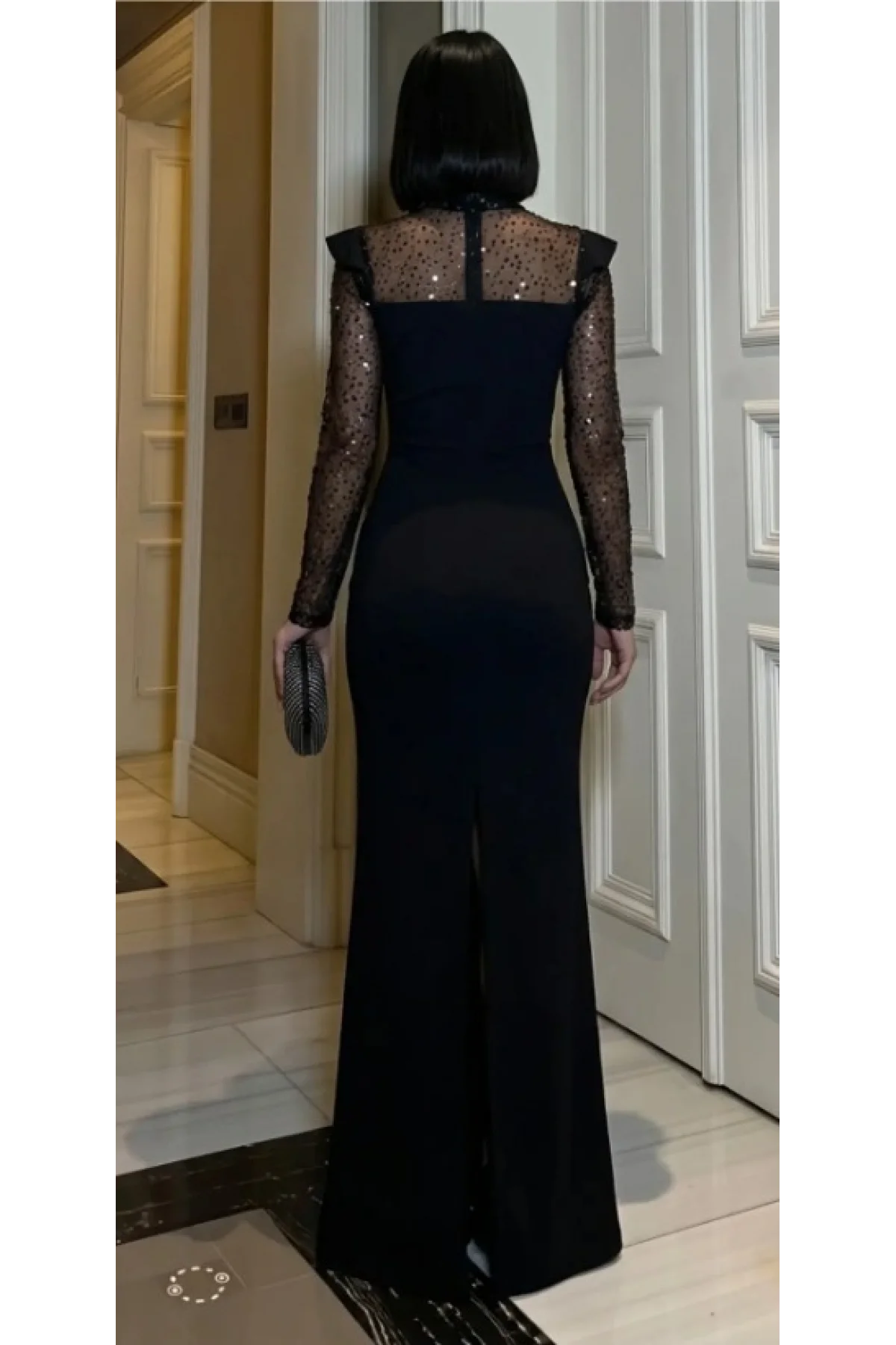 Kadın Siyah Balık Model Payet İşlemeli Tül Detaylı Uzun Abiye Elbise