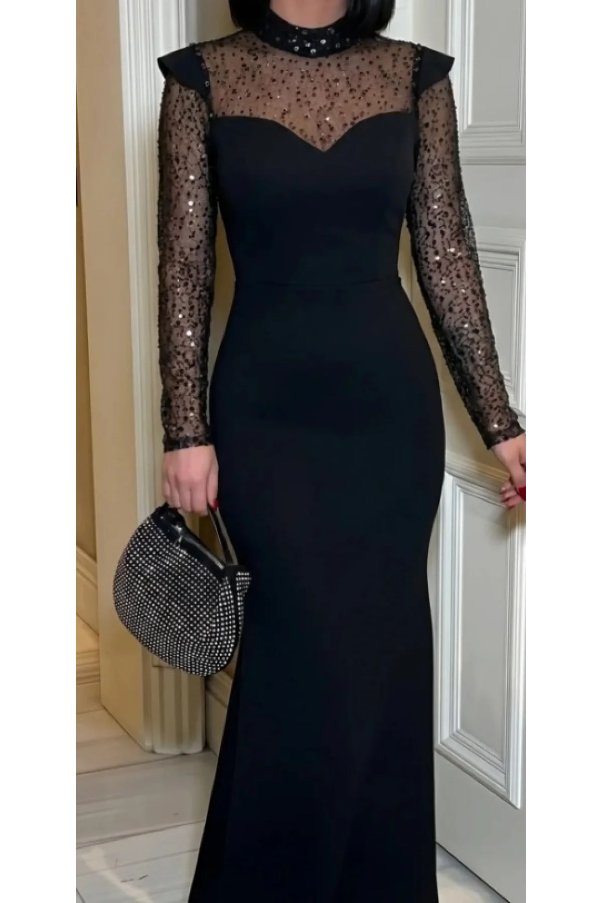 Kadın Siyah Balık Model Payet İşlemeli Tül Detaylı Uzun Abiye Elbise