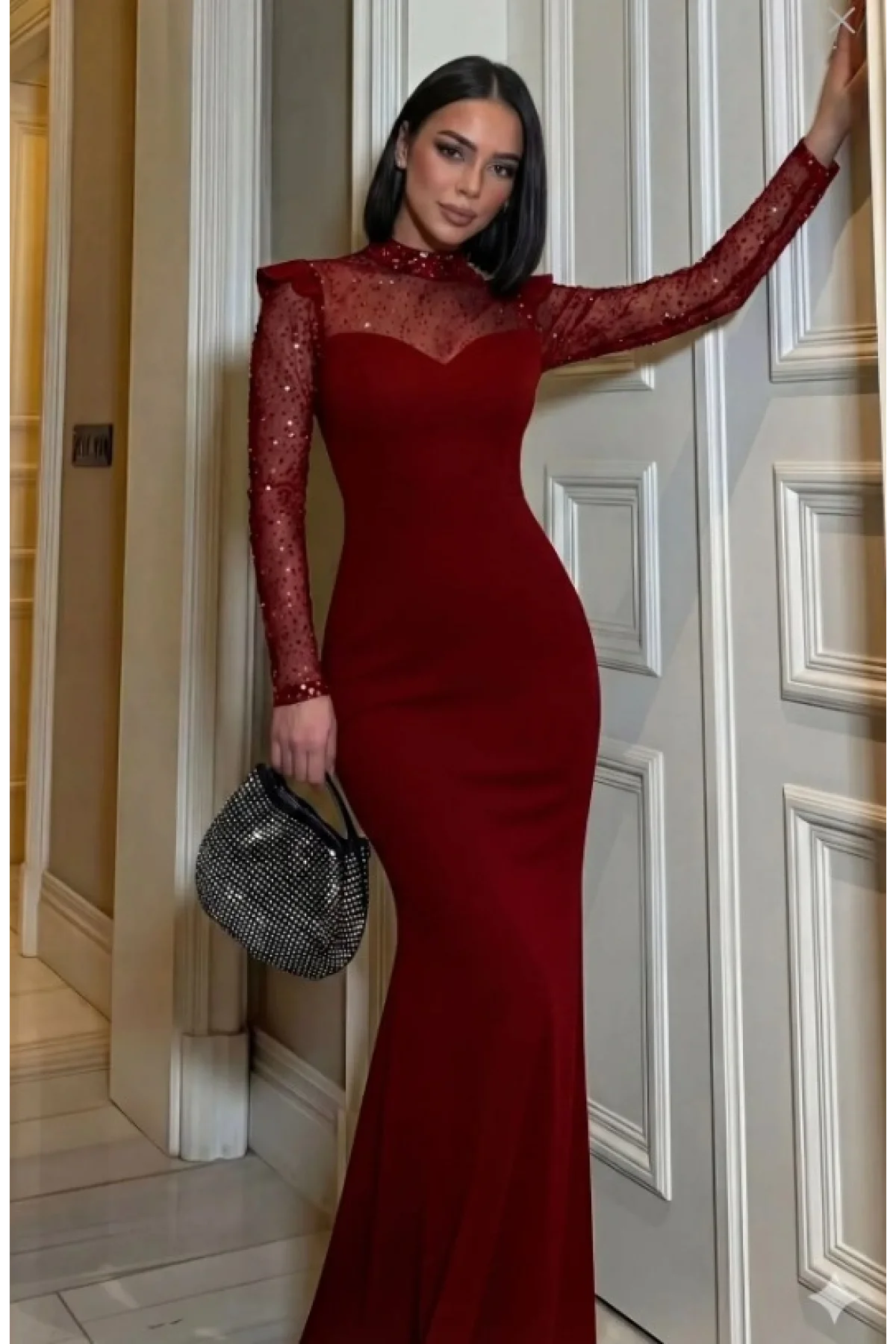 Kadın Kırmızı Balık Model Payet İşlemeli Tül Detaylı Uzun Abiye Elbise