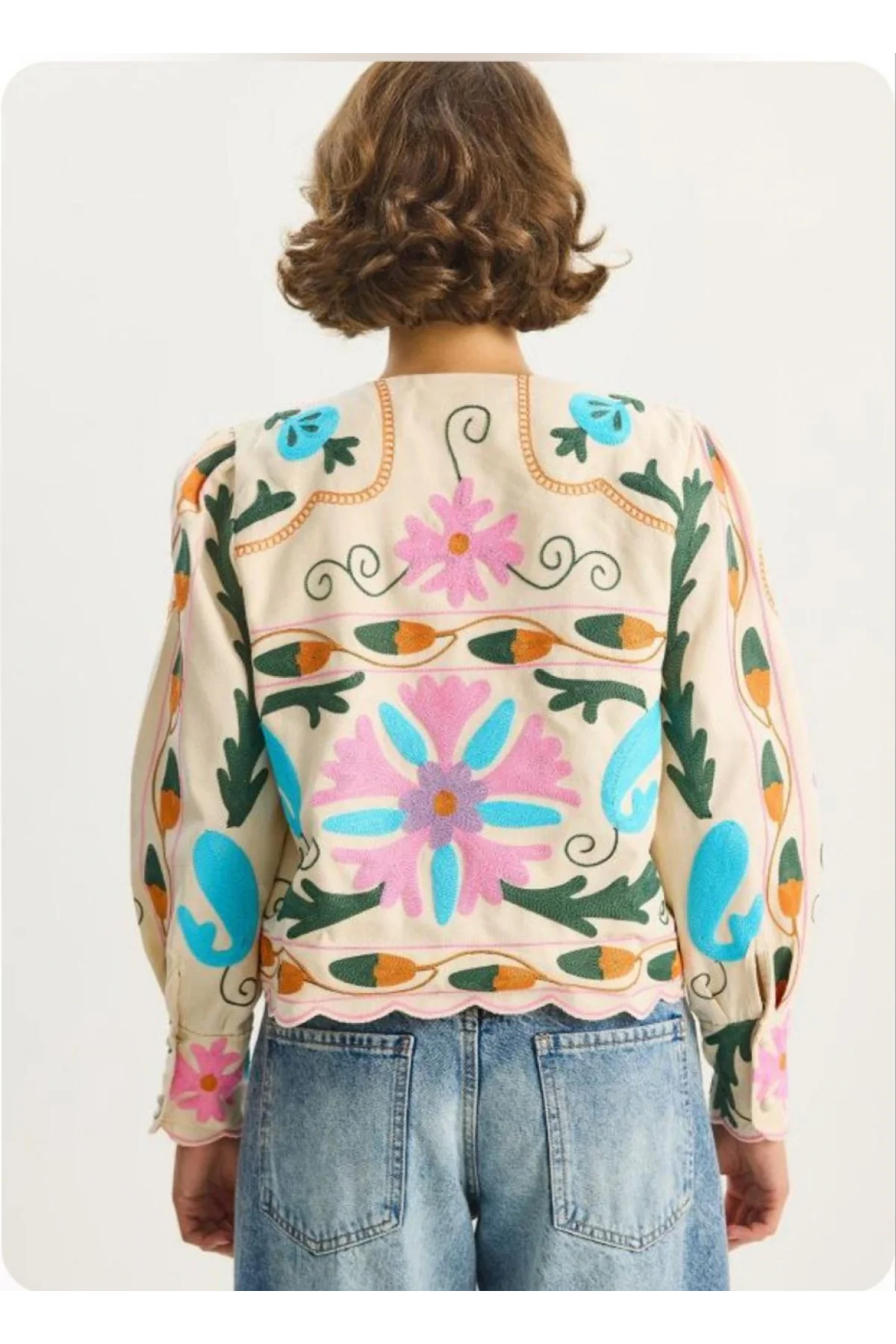 Kadın Bej Pinterest Suzani Renkli Nakışlı Fisto Kenarlı Pinterest Keten Bomber Ceket