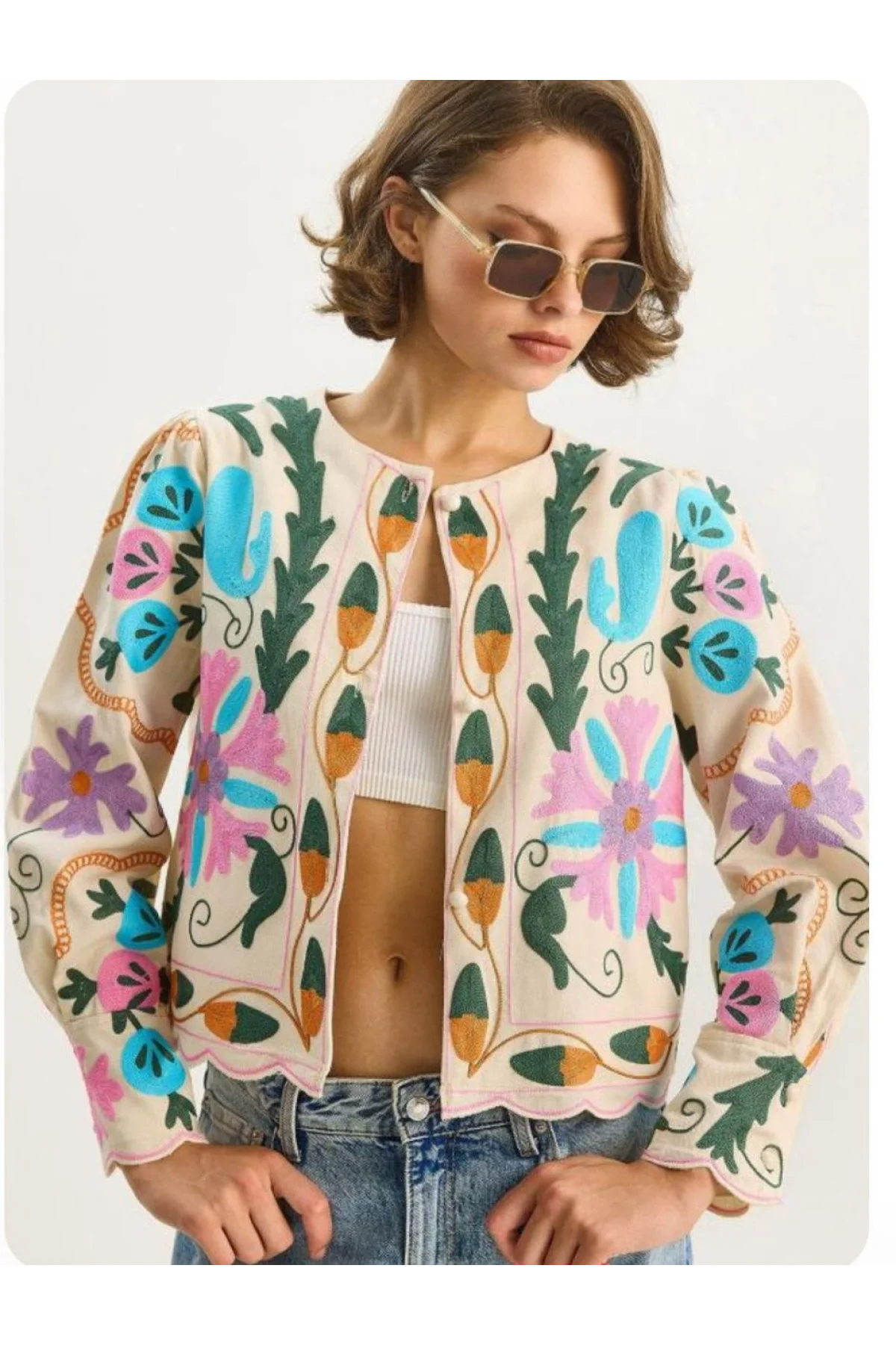 Kadın Bej Pinterest Suzani Renkli Nakışlı Fisto Kenarlı Pinterest Keten Bomber Ceket