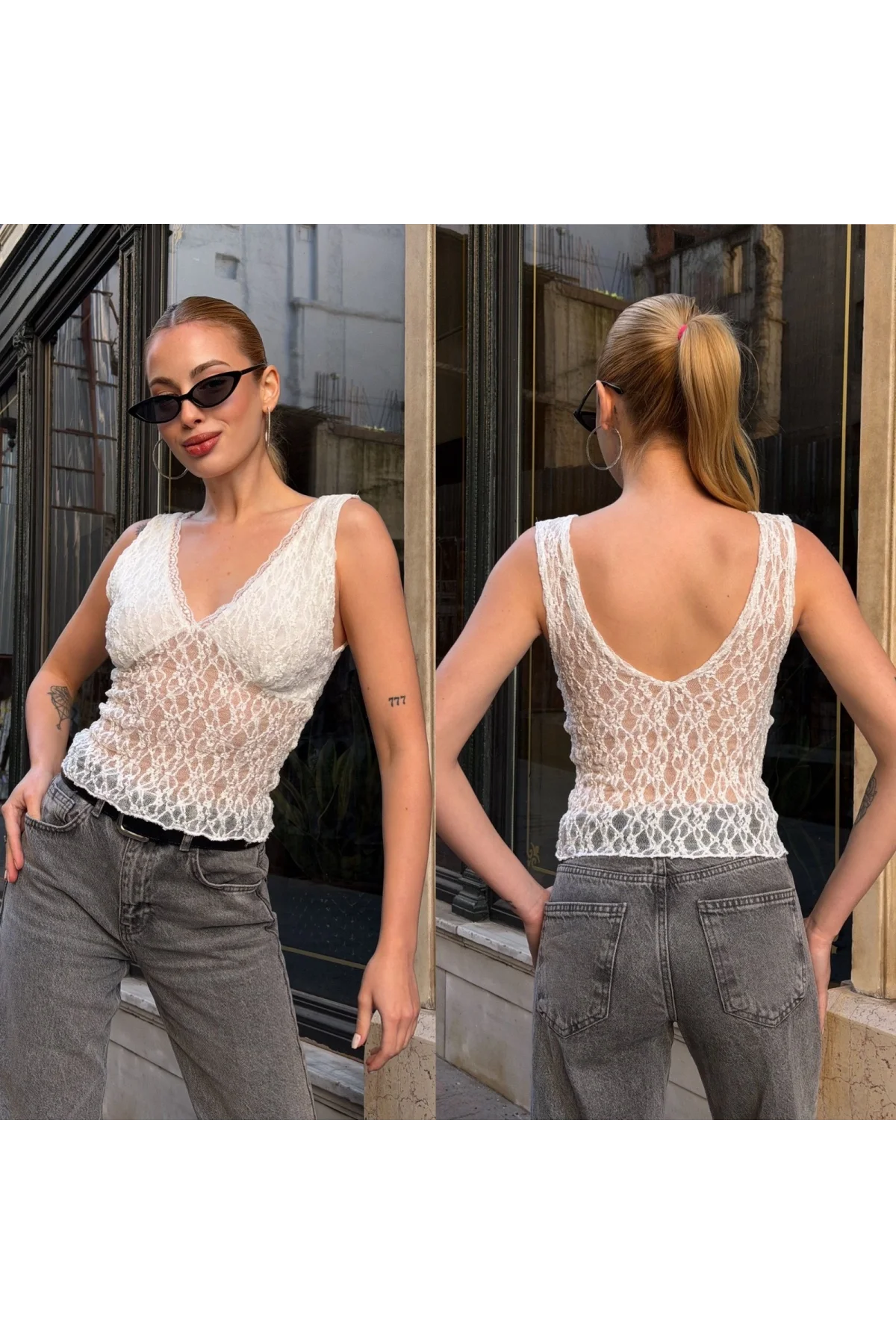Kadın Ekru Dantel Kumaş V Yaka Göğsü Astarlı Transparan Detaylı Şık Bluz