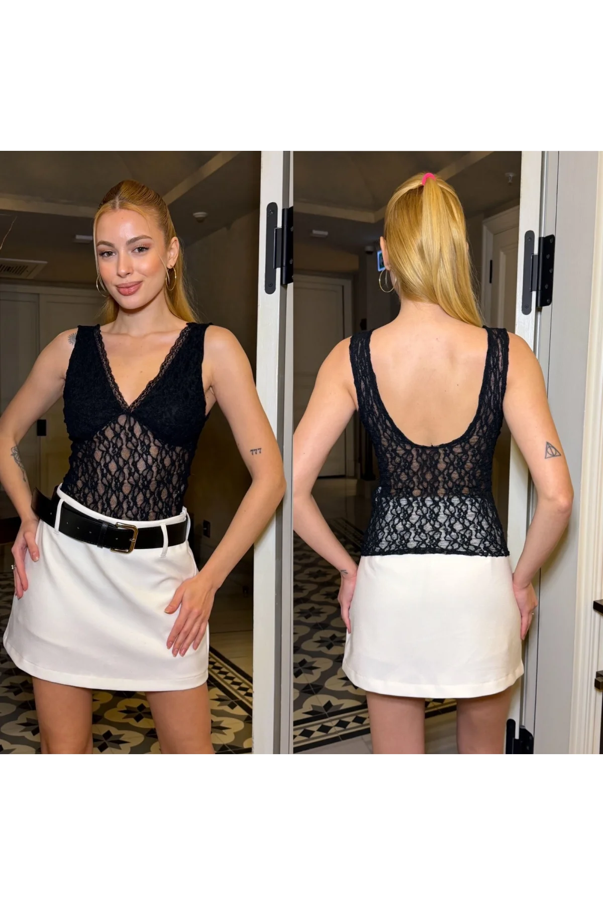 Kadın Siyah Dantel Kumaş V Yaka Göğsü Astarlı Transparan Detaylı Şık Bluz