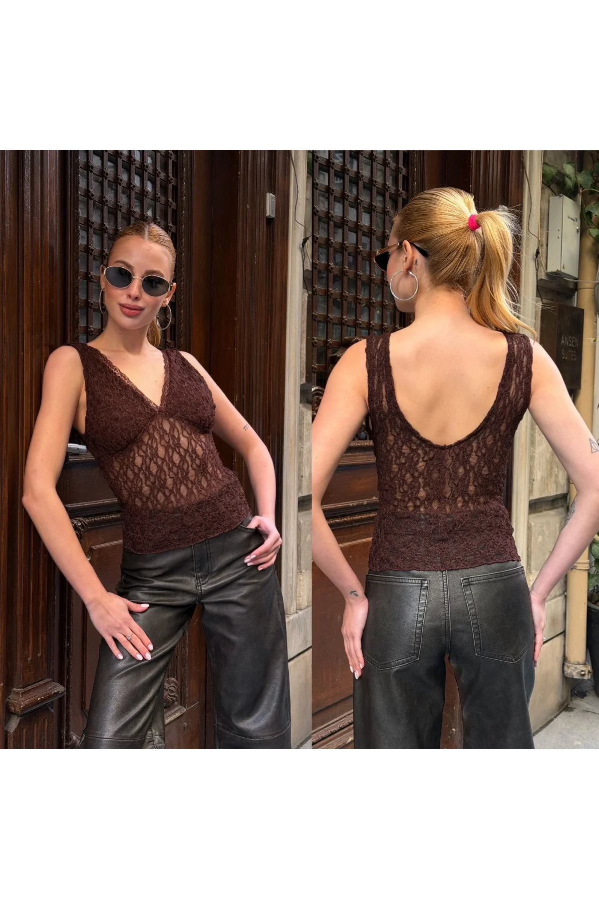 Kadın Kahverengi Dantel Kumaş V Yaka Göğsü Astarlı Transparan Detaylı Şık Bluz