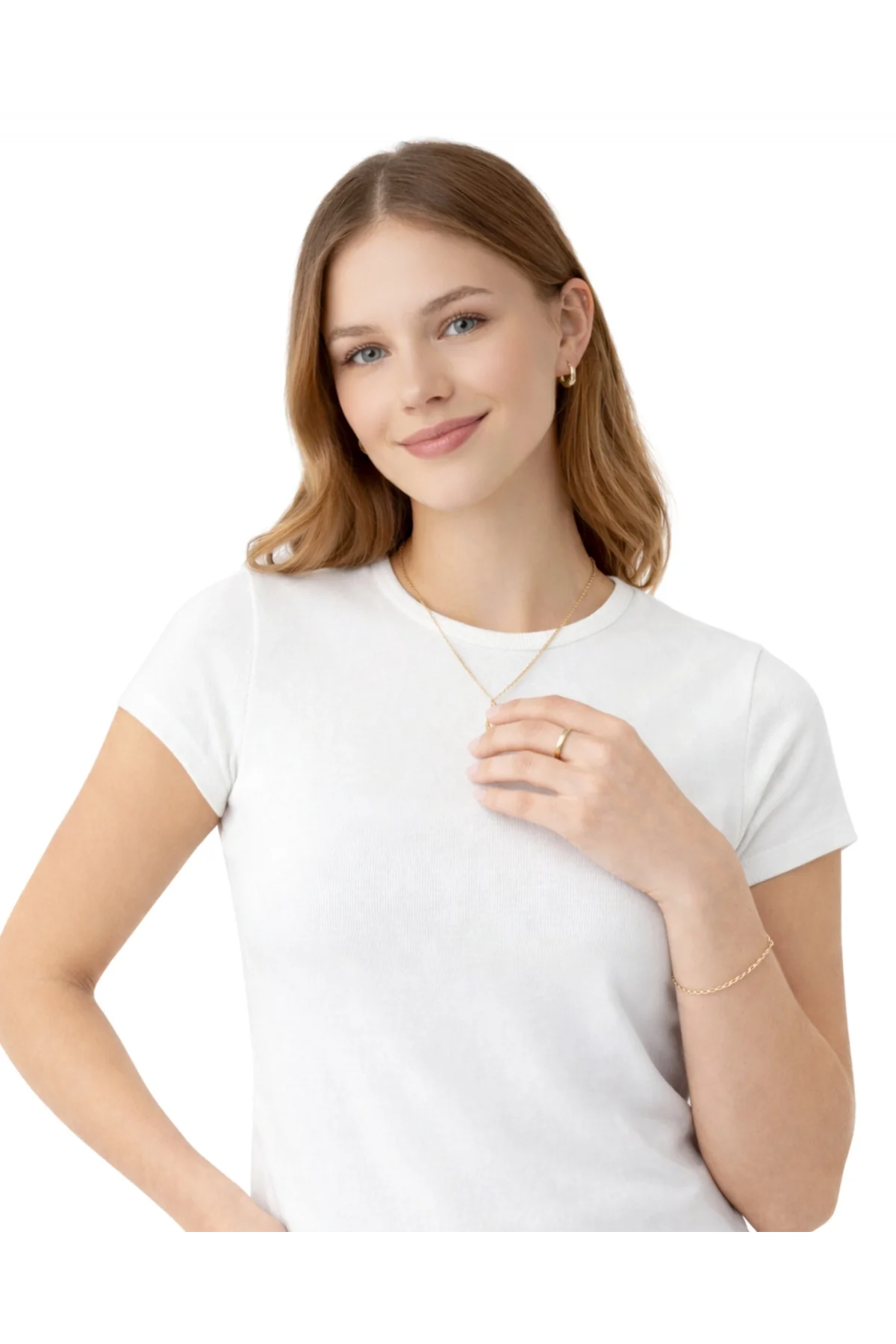 Kadın Beyaz Pamuklu Ribana Kumaş Kısa Kollu Bisiklet Yaka Basic Body Tişört