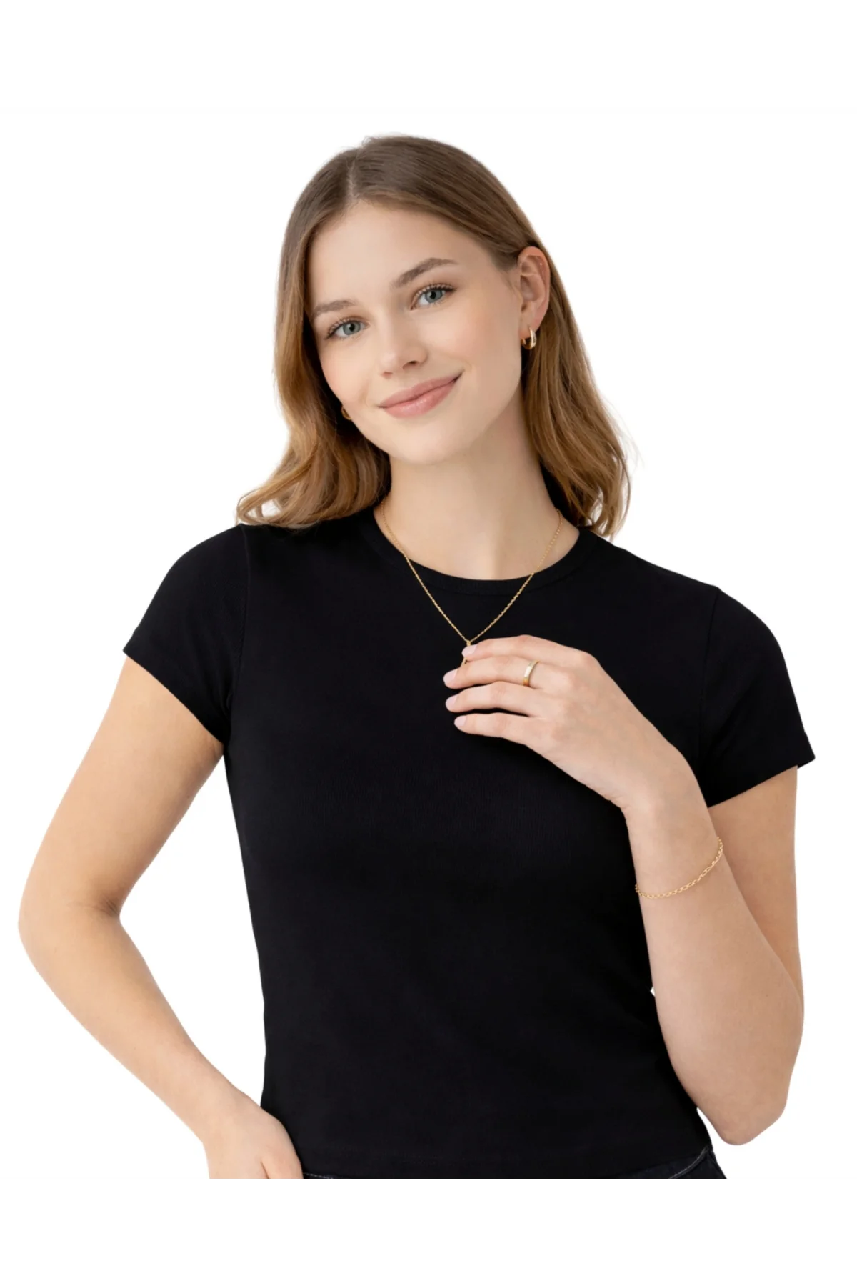 Kadın Siyah Pamuklu Ribana Kumaş Kısa Kollu Bisiklet Yaka Basic Body Tişört