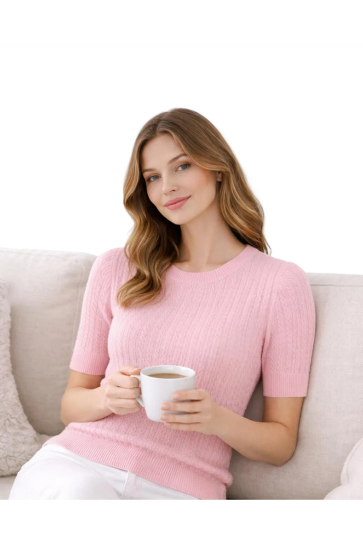 Kadın Pudra Pembe Bisiklet Yaka Saç Örgü Desenli Kısa Kollu Triko Bluz