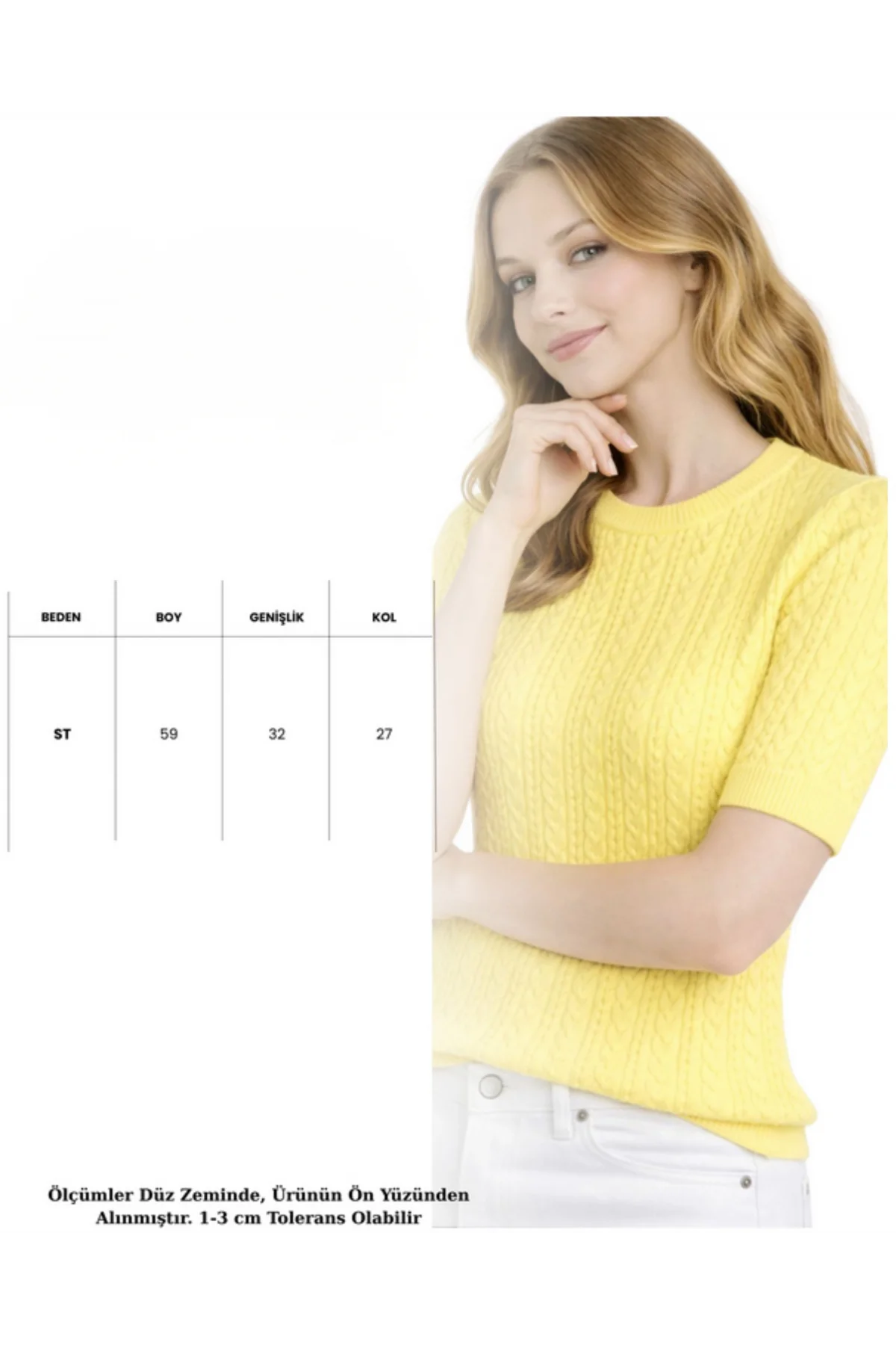 Kadın Sarı Bisiklet Yaka Saç Örgü Desenli Kısa Kollu Triko Bluz